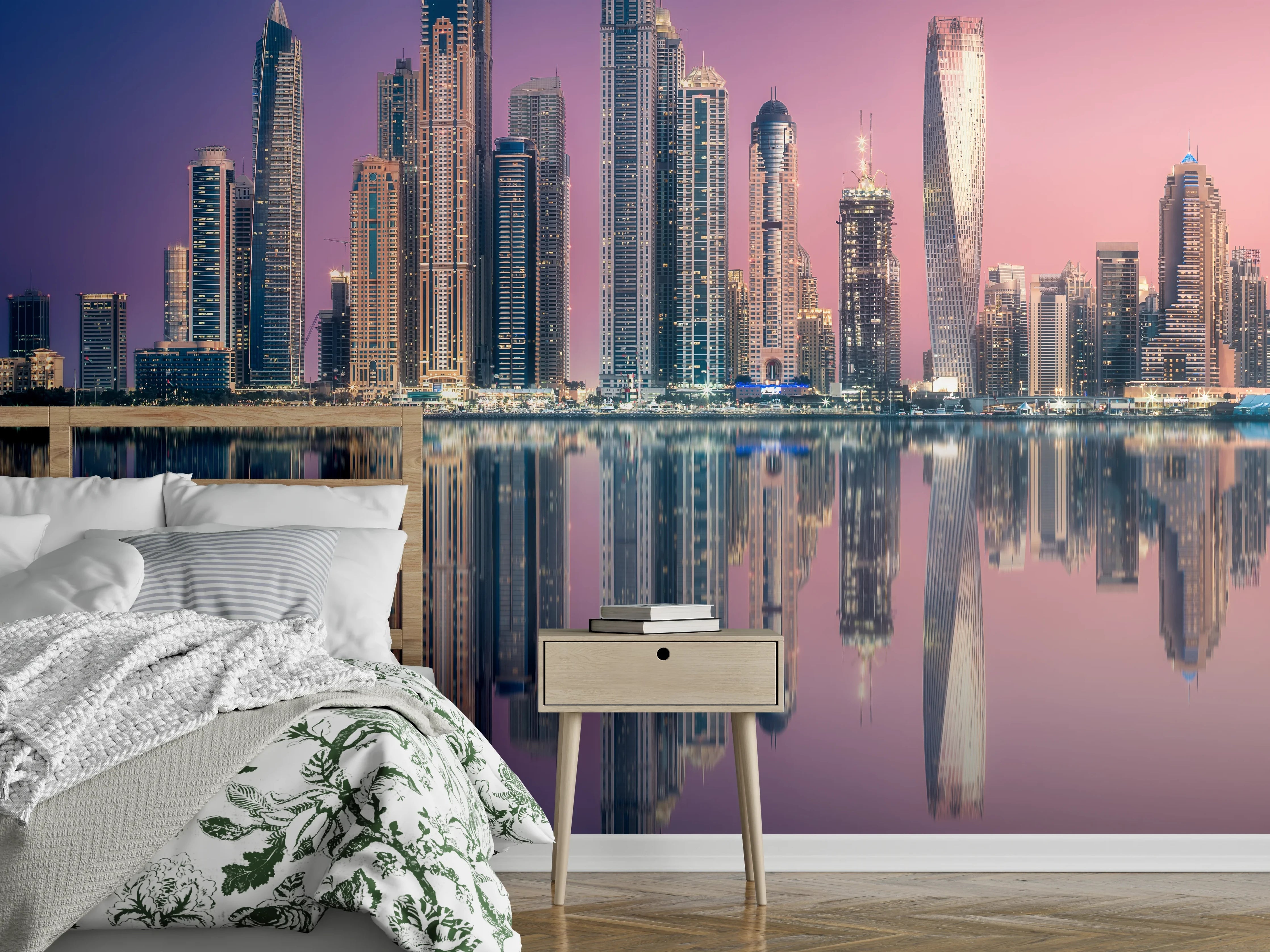 Wandverkleidung Schlafzimmer - Skyline bei Sonnenaufgang – moderne Eleganz