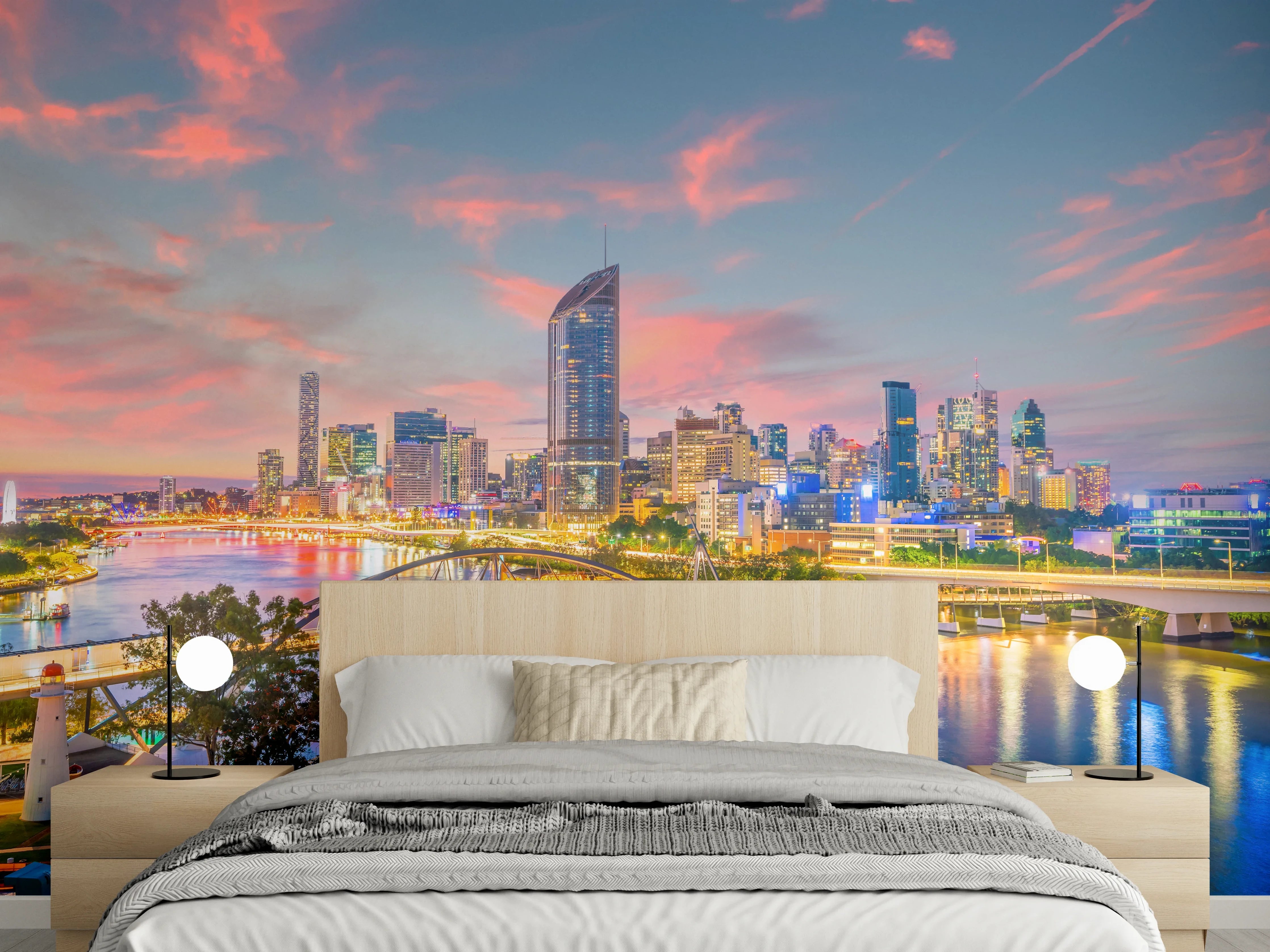 Wandverkleidung Schlafzimmer - Skyline bei Sonnenuntergang, farbintensiv