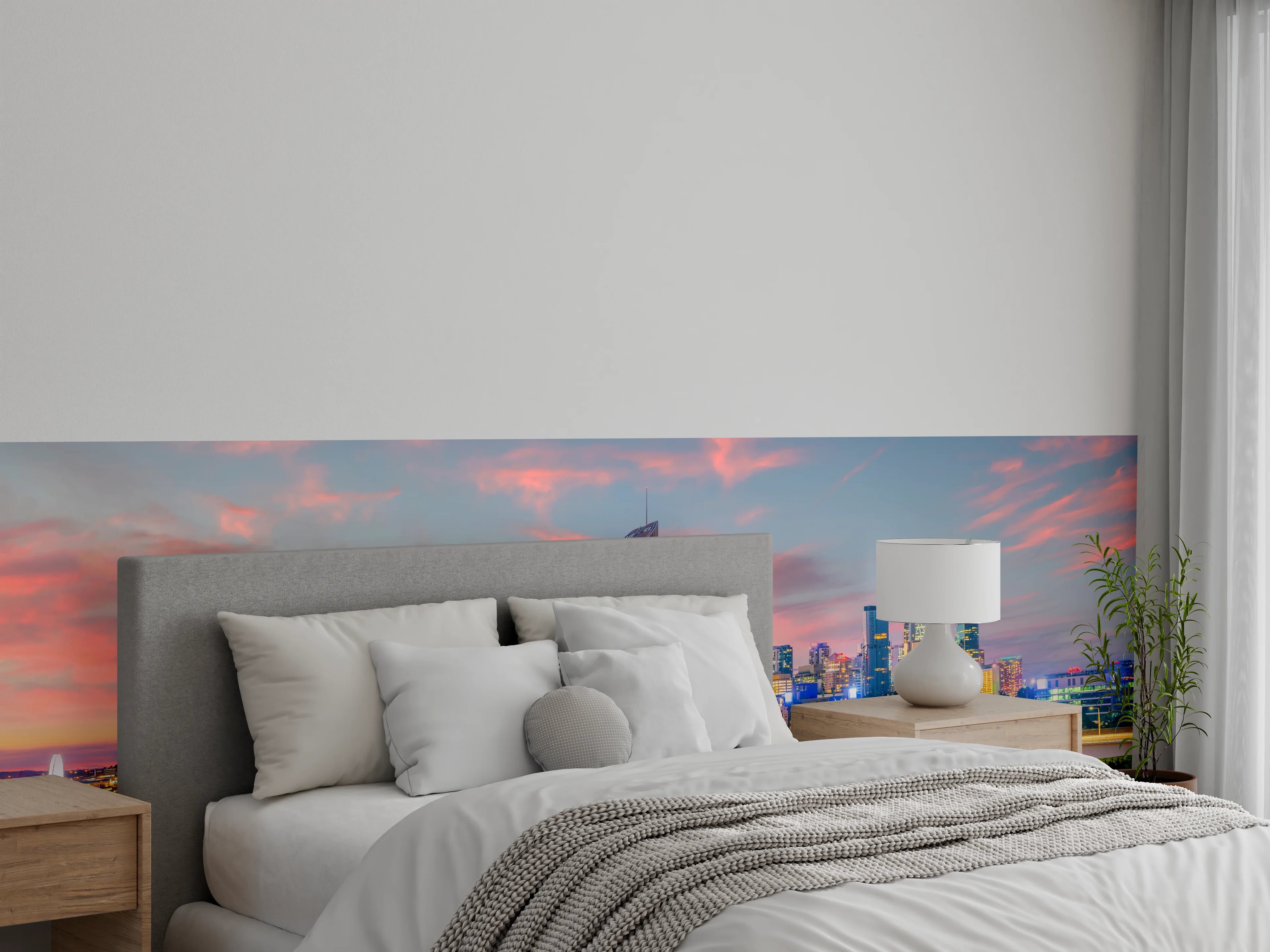 Wandverkleidung Schlafzimmer - Skyline bei Sonnenuntergang, farbintensiv
