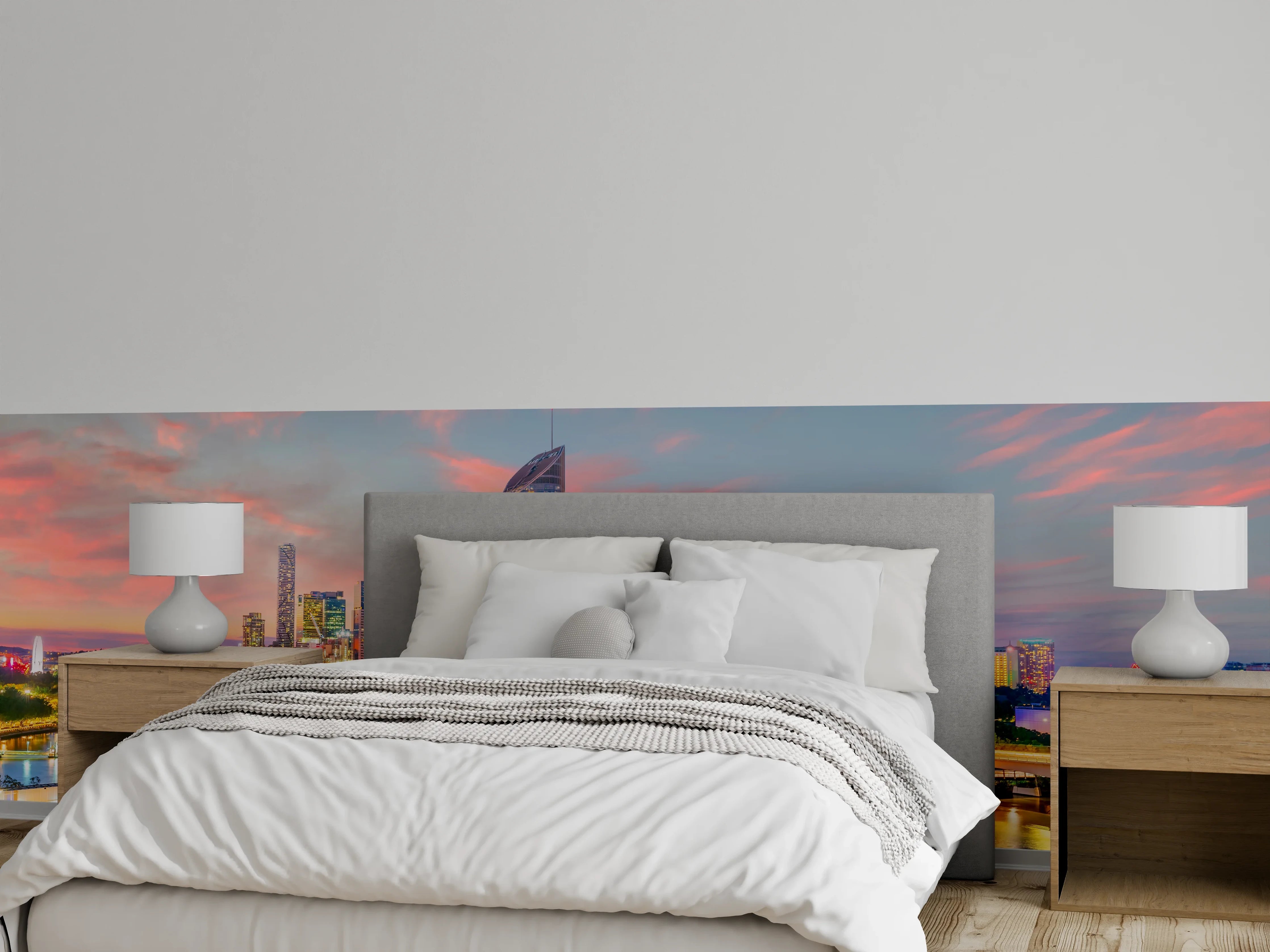 Wandverkleidung Schlafzimmer - Skyline bei Sonnenuntergang, farbintensiv