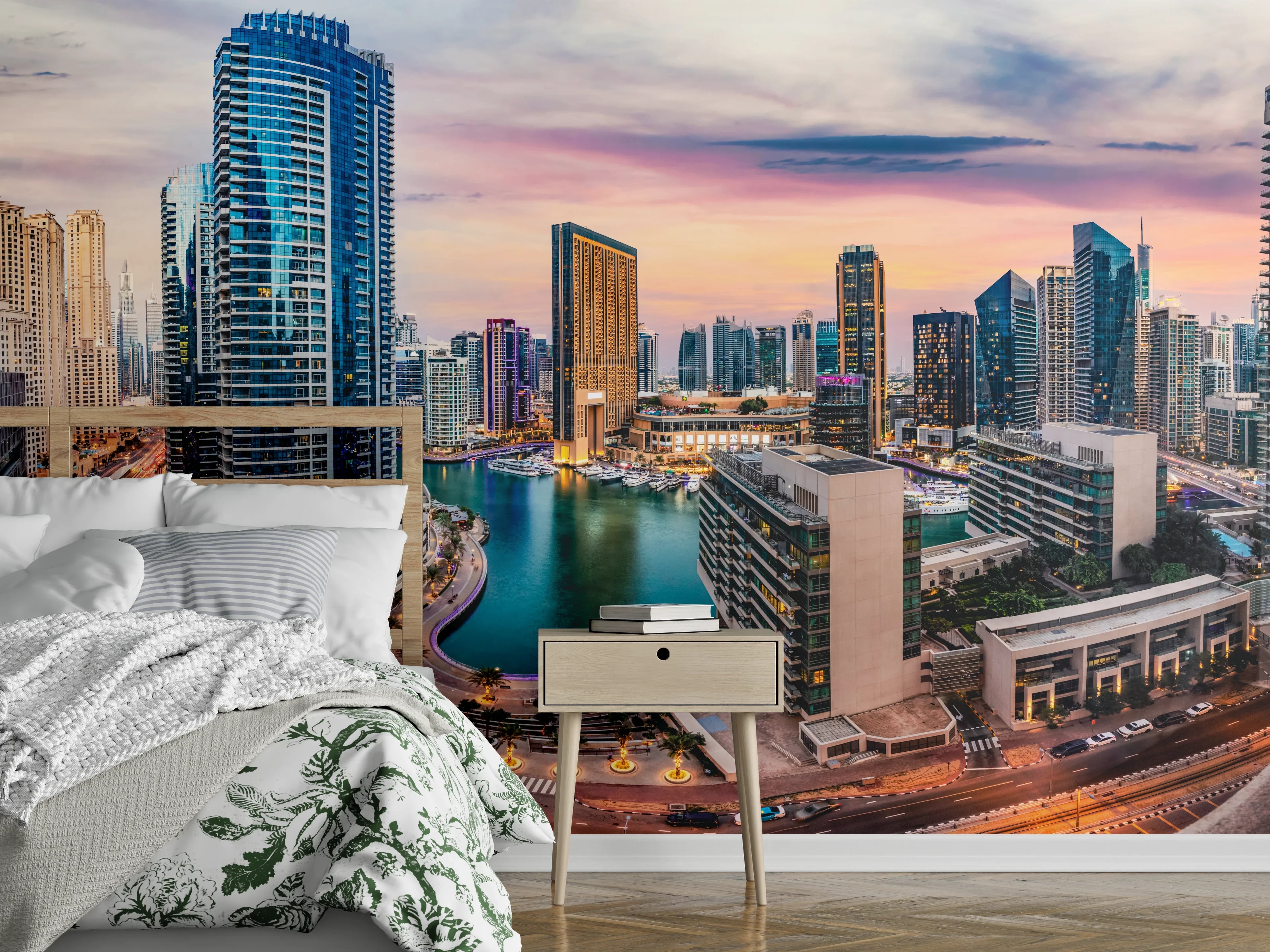 Wandverkleidung Schlafzimmer - Skyline des Jachthafens von Dubai bei Sonnenuntergang