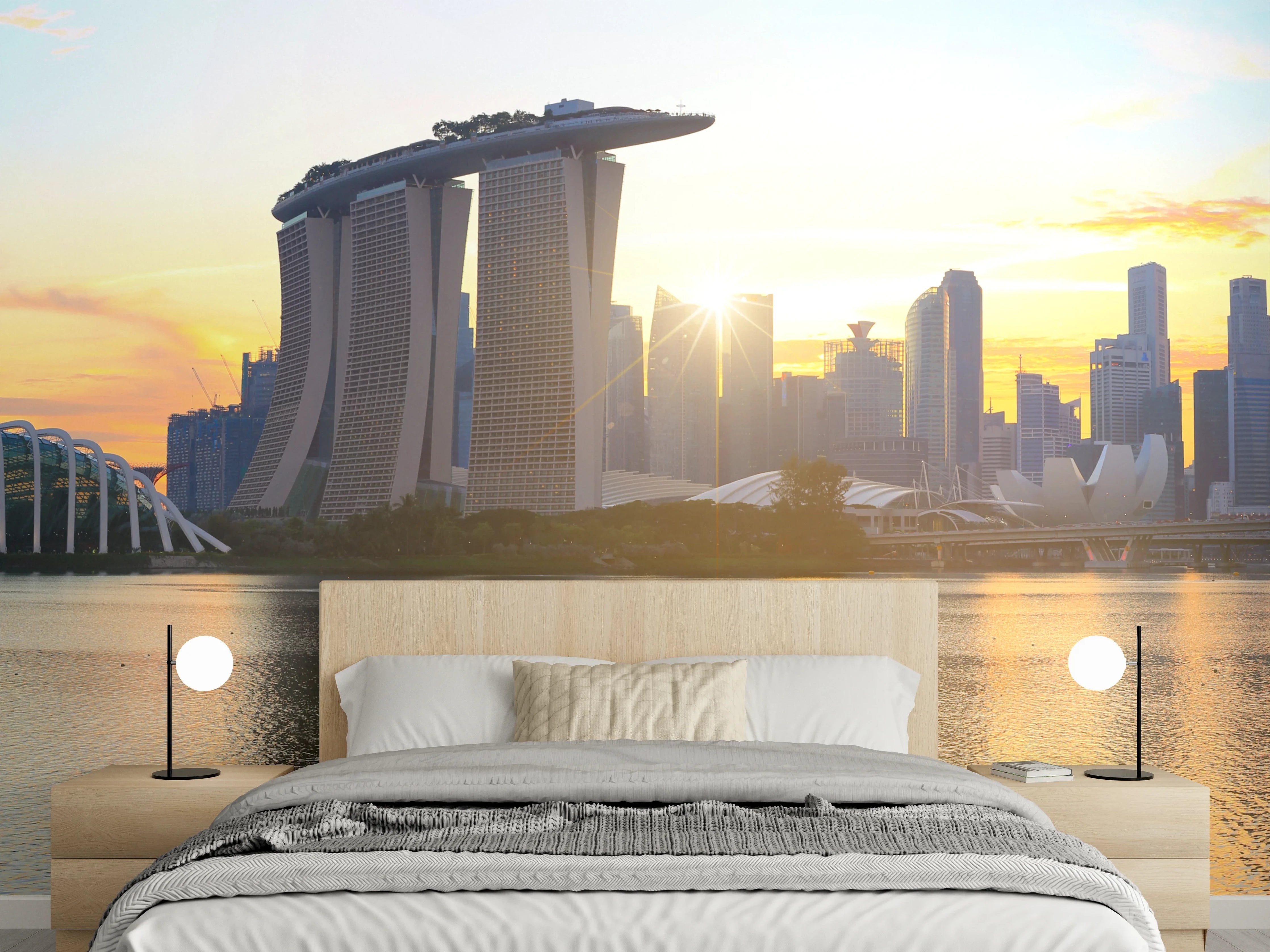 Wandverkleidung Schlafzimmer - Skyline von Singapur bei Sonnenuntergang