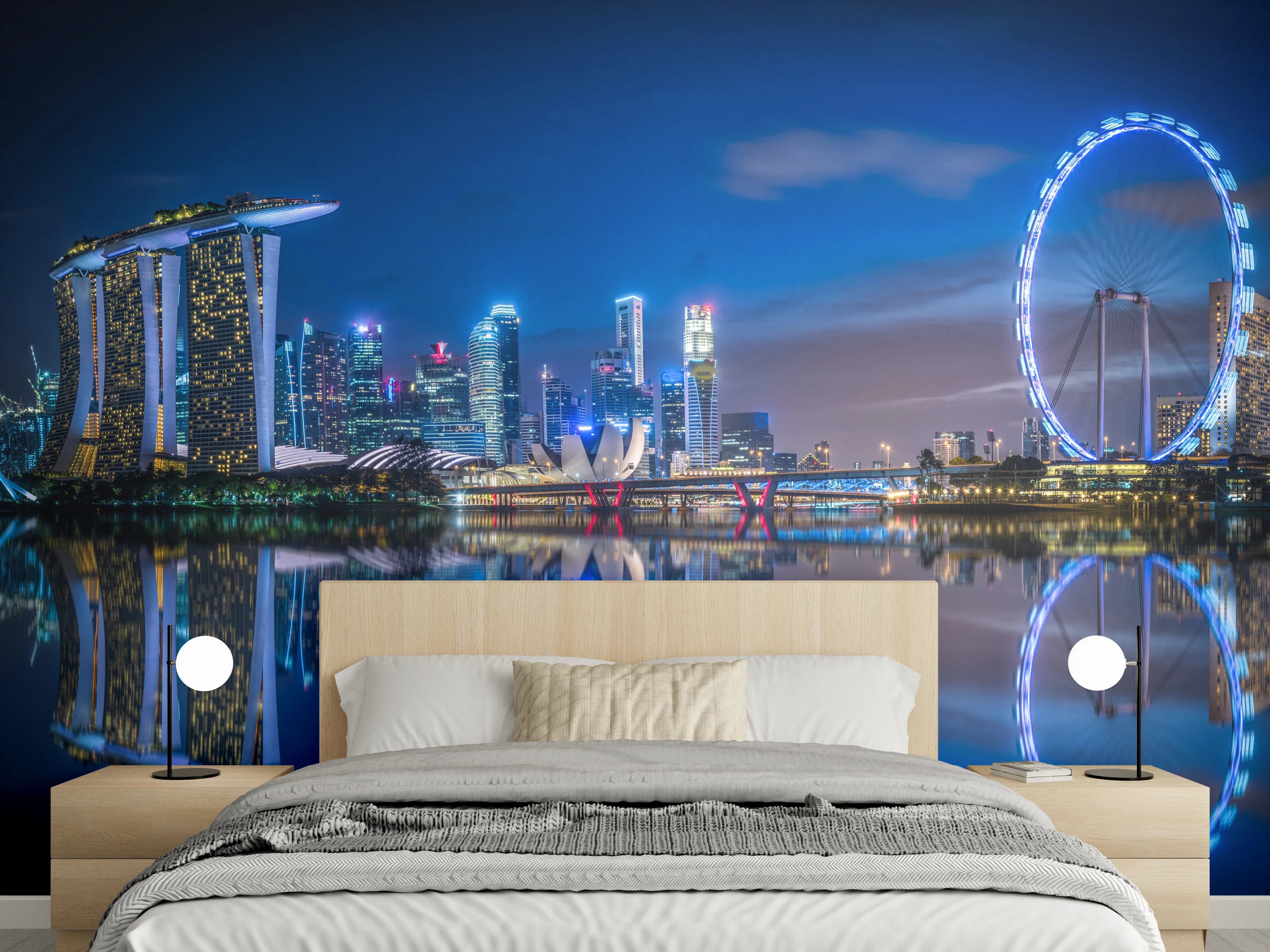 Wandverkleidung Schlafzimmer - Skyline von Singapur und Blick auf den Wolkenkratzer