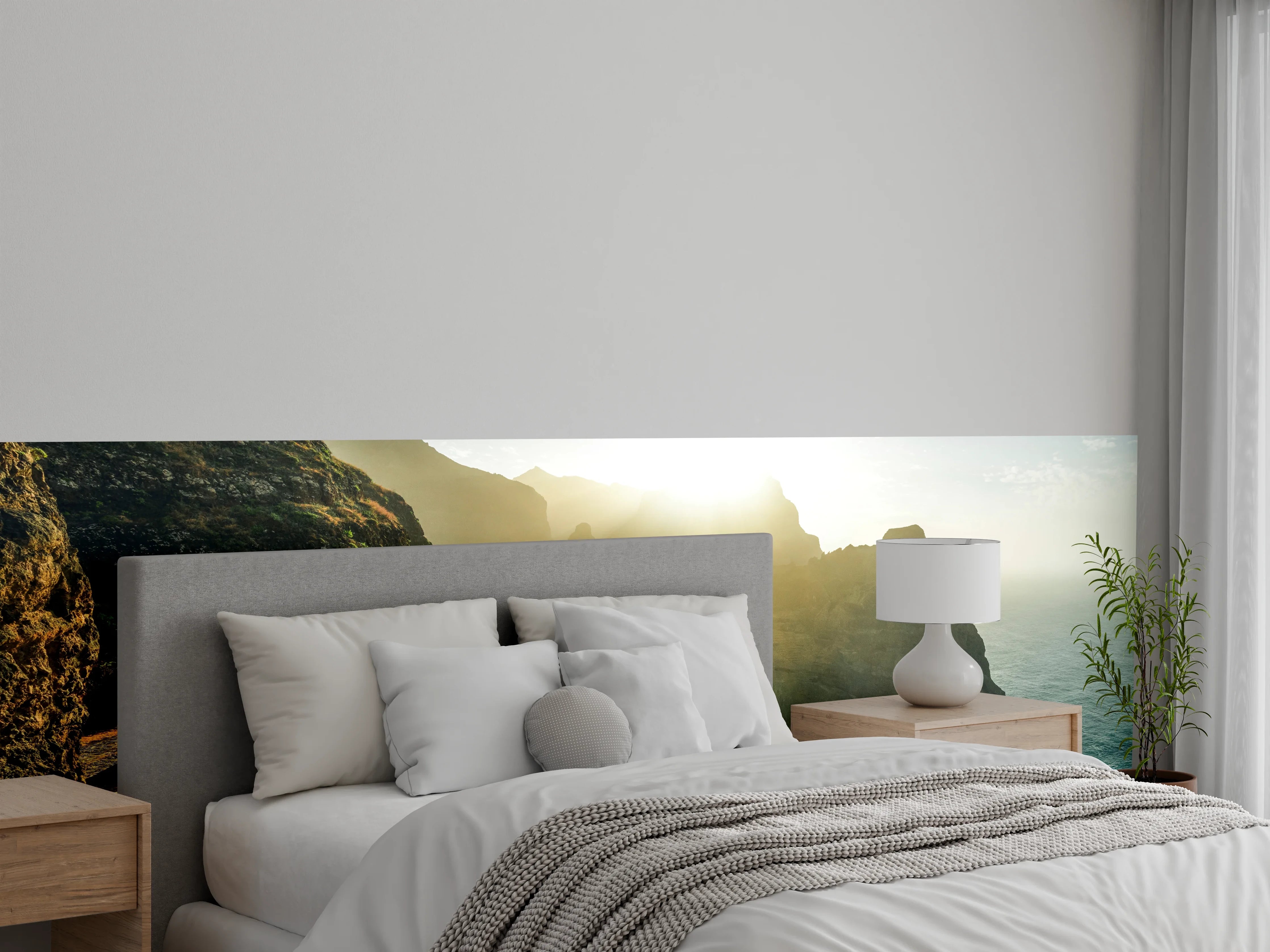 Wandverkleidung Schlafzimmer - Sonnenaufgang Küstenlandschaft Gebirge Panorama