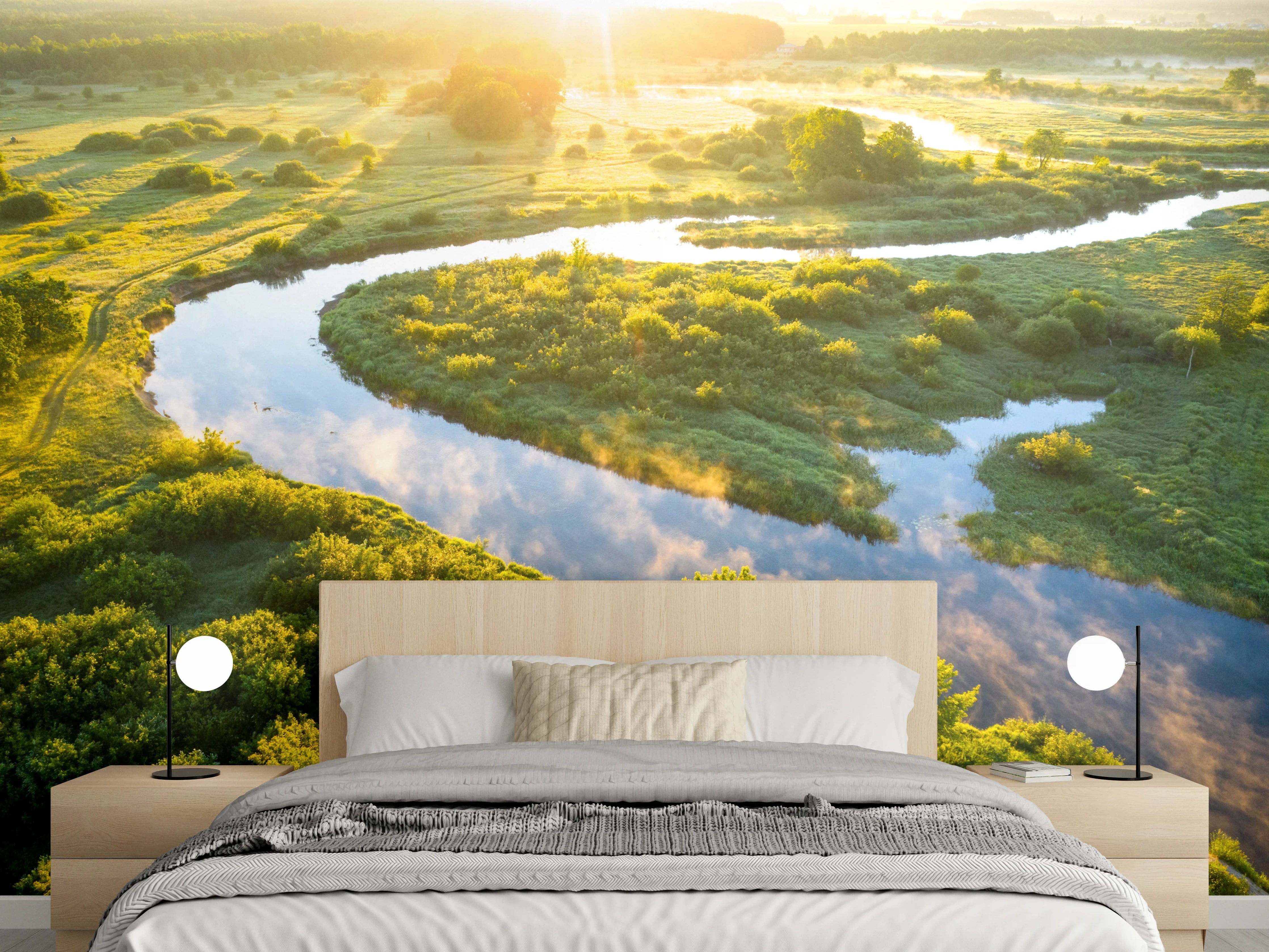 Wandverkleidung Schlafzimmer - Sonnenaufgang an einer Flusslandschaft