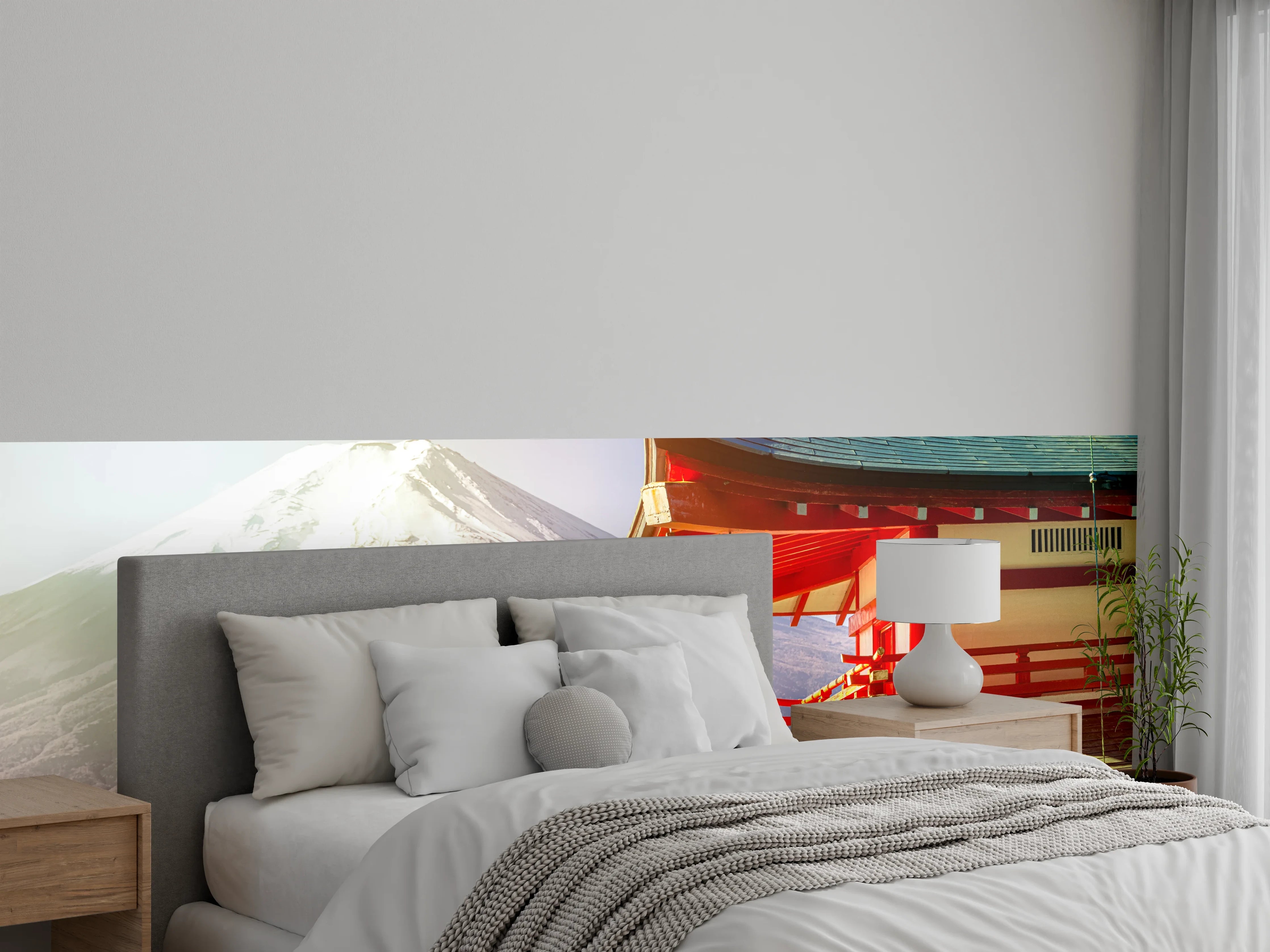 Wandverkleidung Schlafzimmer - Sonnenaufgang des Berges Fuji und rote Pagode