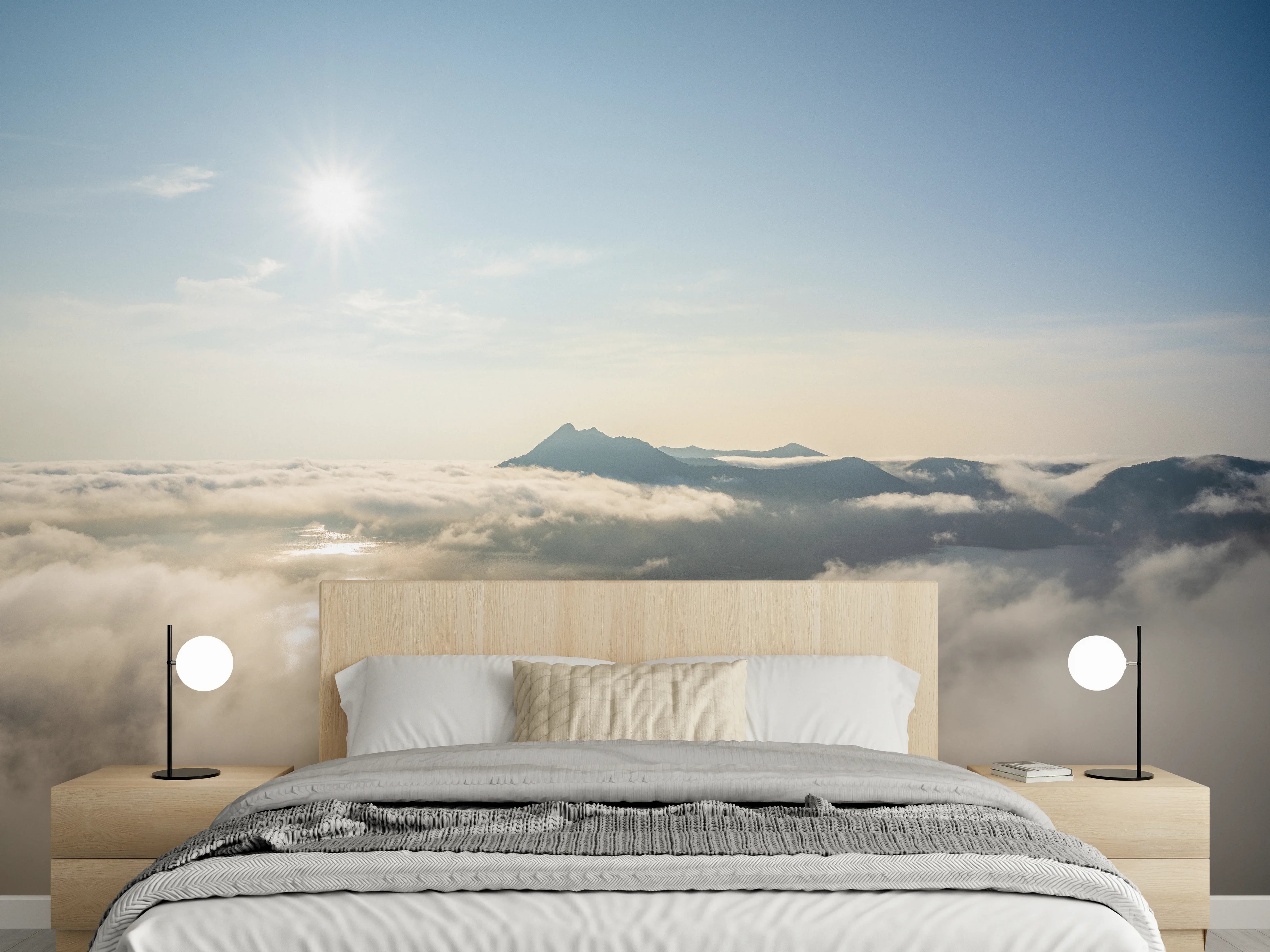 Wandverkleidung Schlafzimmer - Sonnenaufgang über Wolken und Bergen