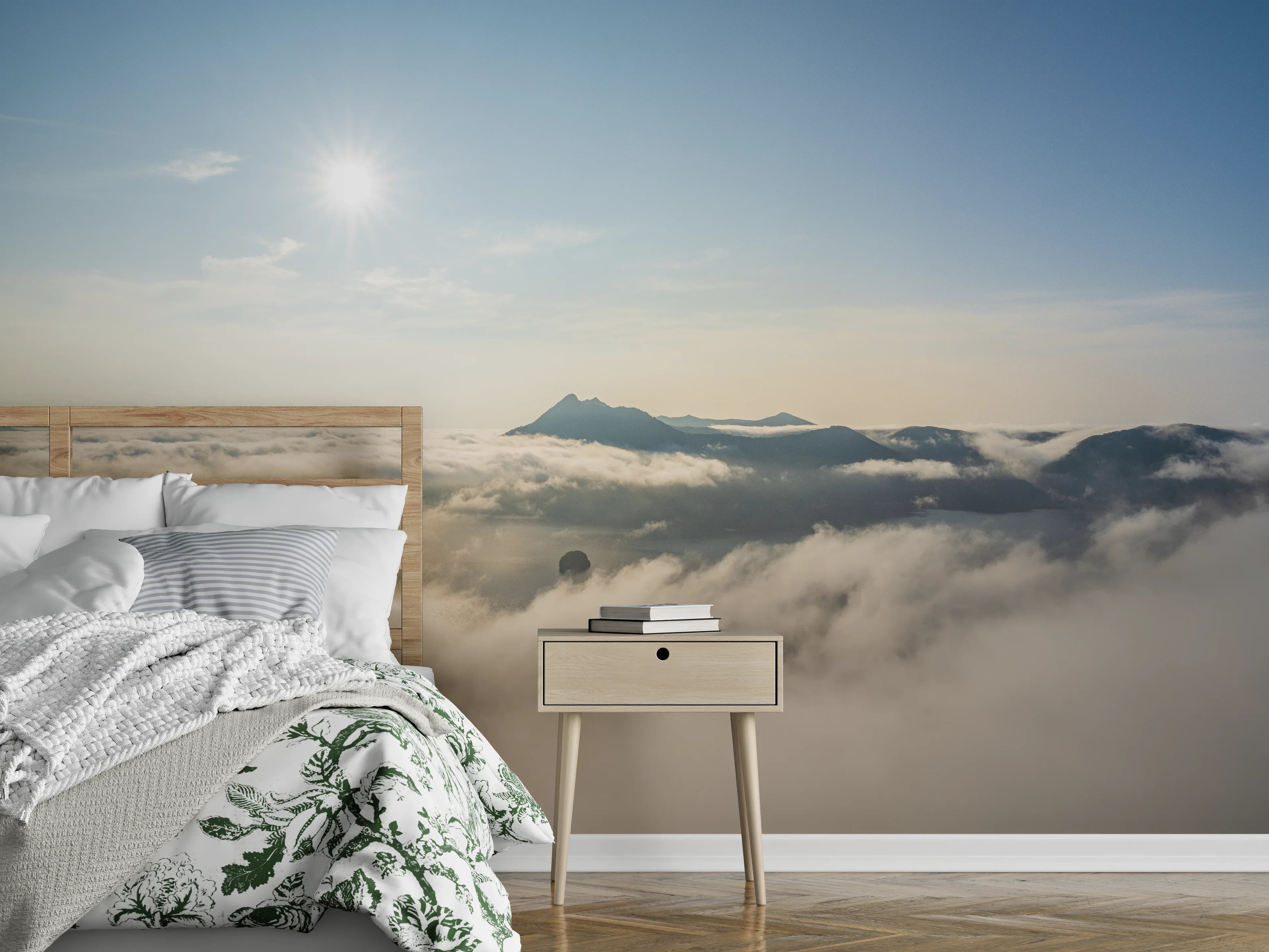 Wandverkleidung Schlafzimmer - Sonnenaufgang über Wolken und Bergen