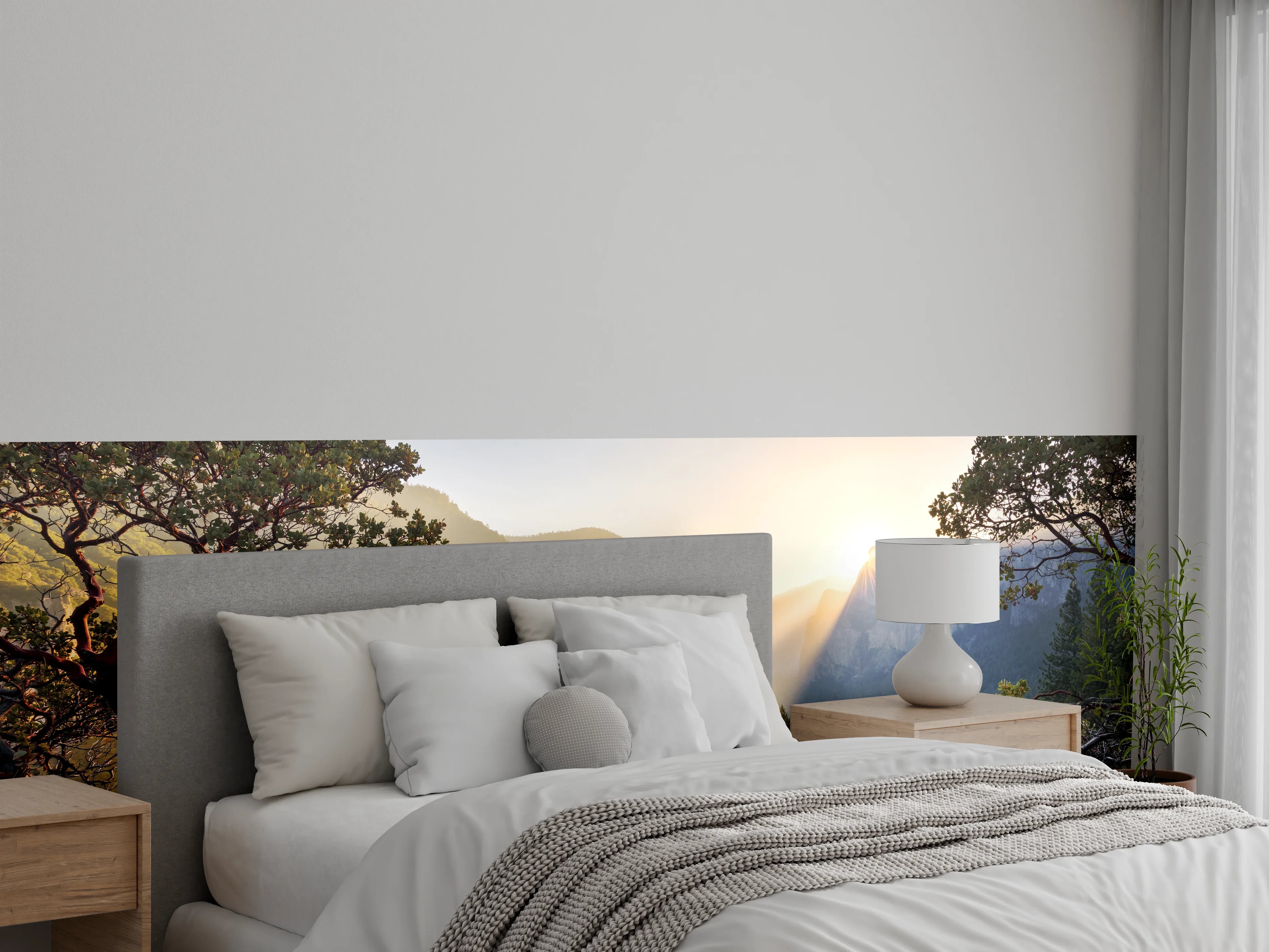 Wandverkleidung Schlafzimmer - Sonnenaufgang über bewaldeten Bergen