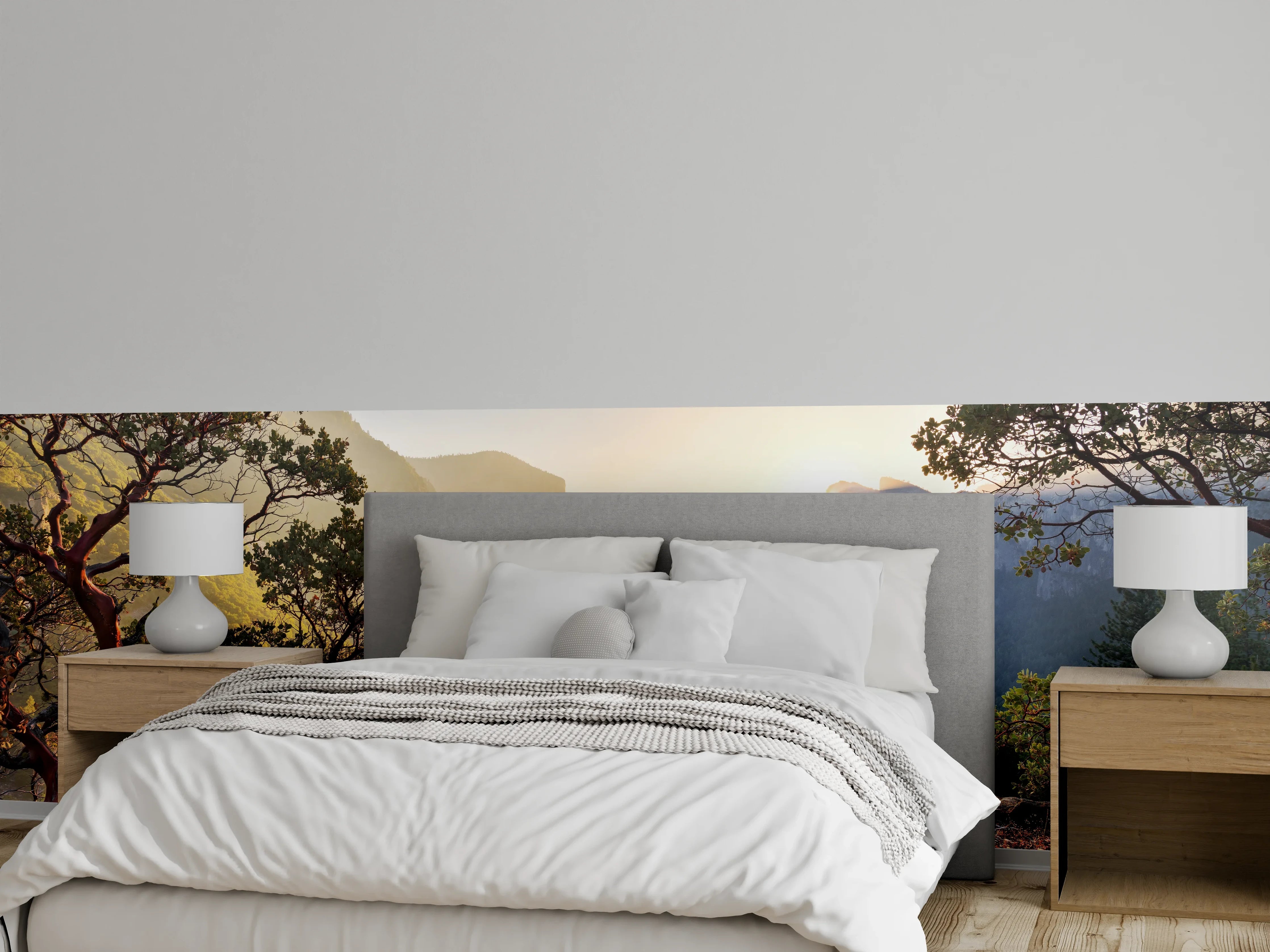 Wandverkleidung Schlafzimmer - Sonnenaufgang über bewaldeten Bergen