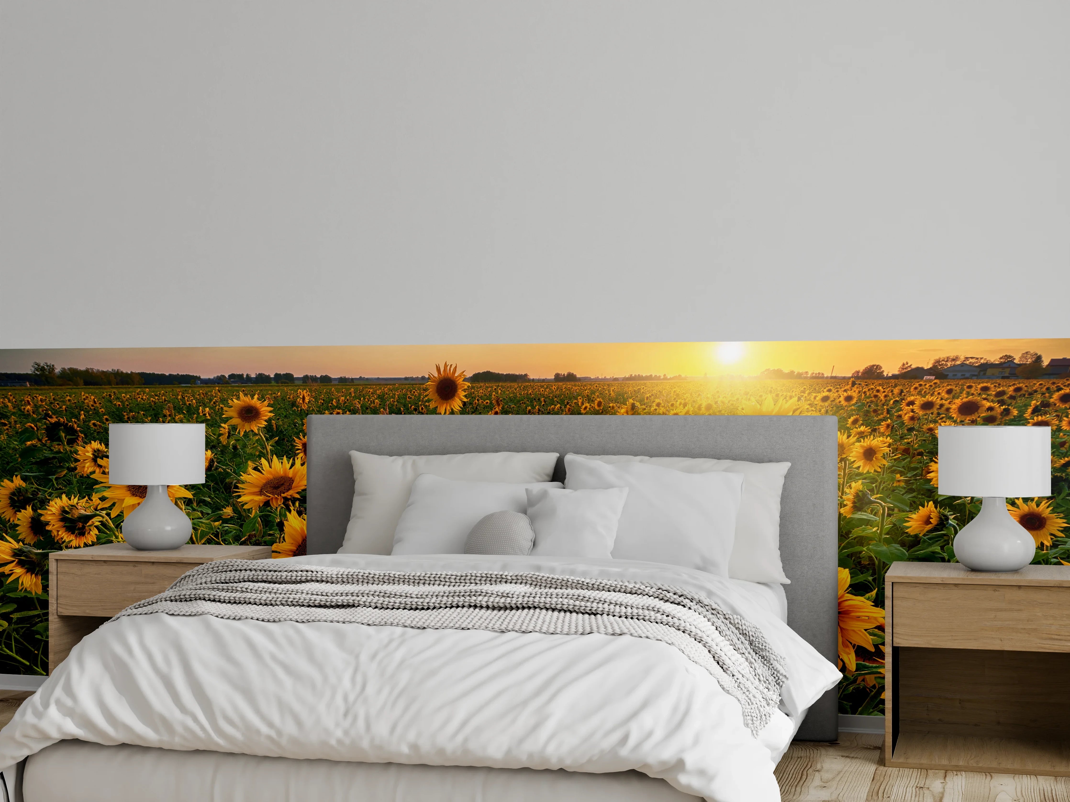 Wandverkleidung Schlafzimmer - Sonnenblumenfeld bei Sonnenuntergang Fotomotiv