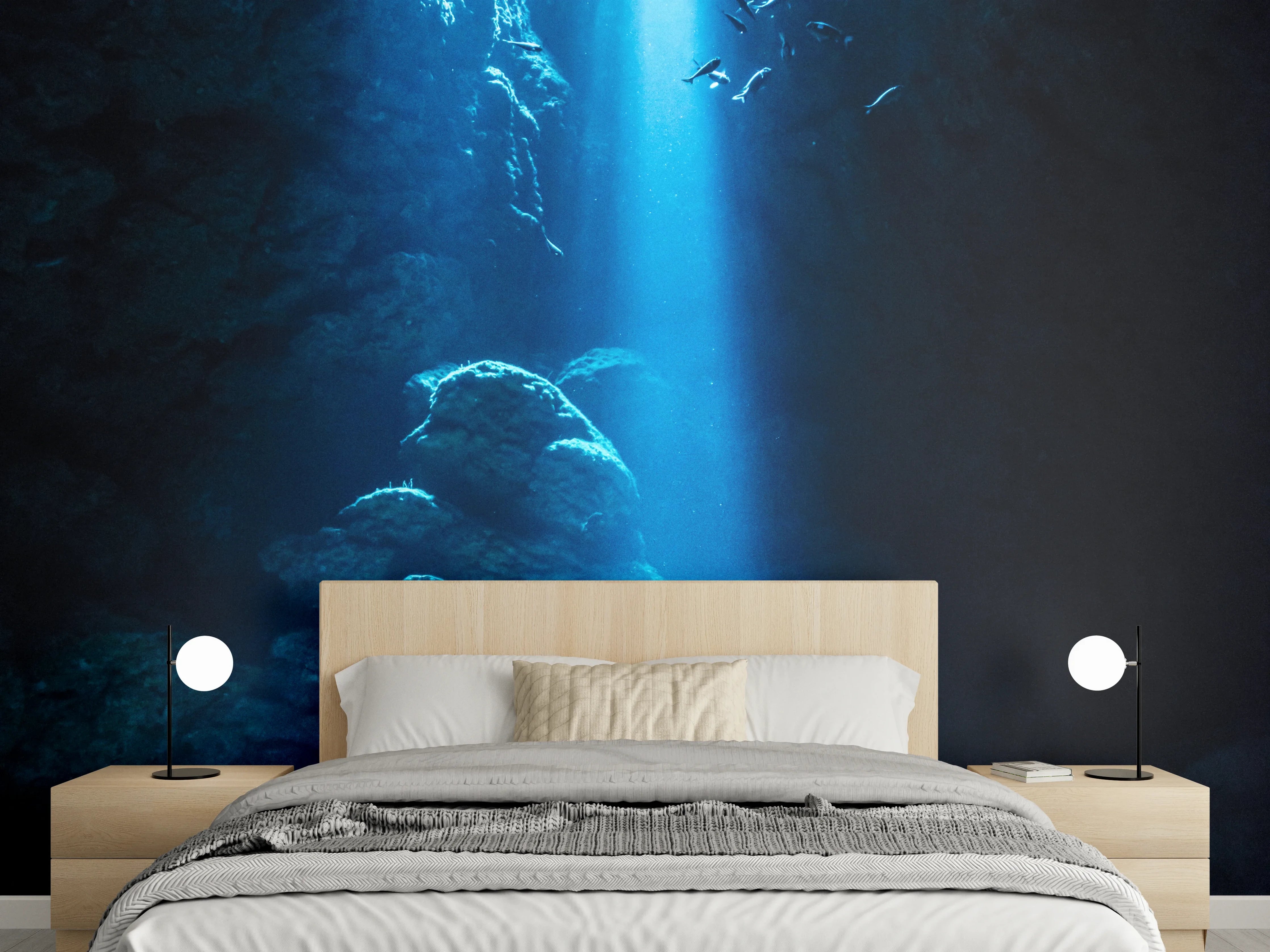 Wandverkleidung Schlafzimmer - Sonnenstrahl in die Unterwasserhöhle im japanischen Ozean