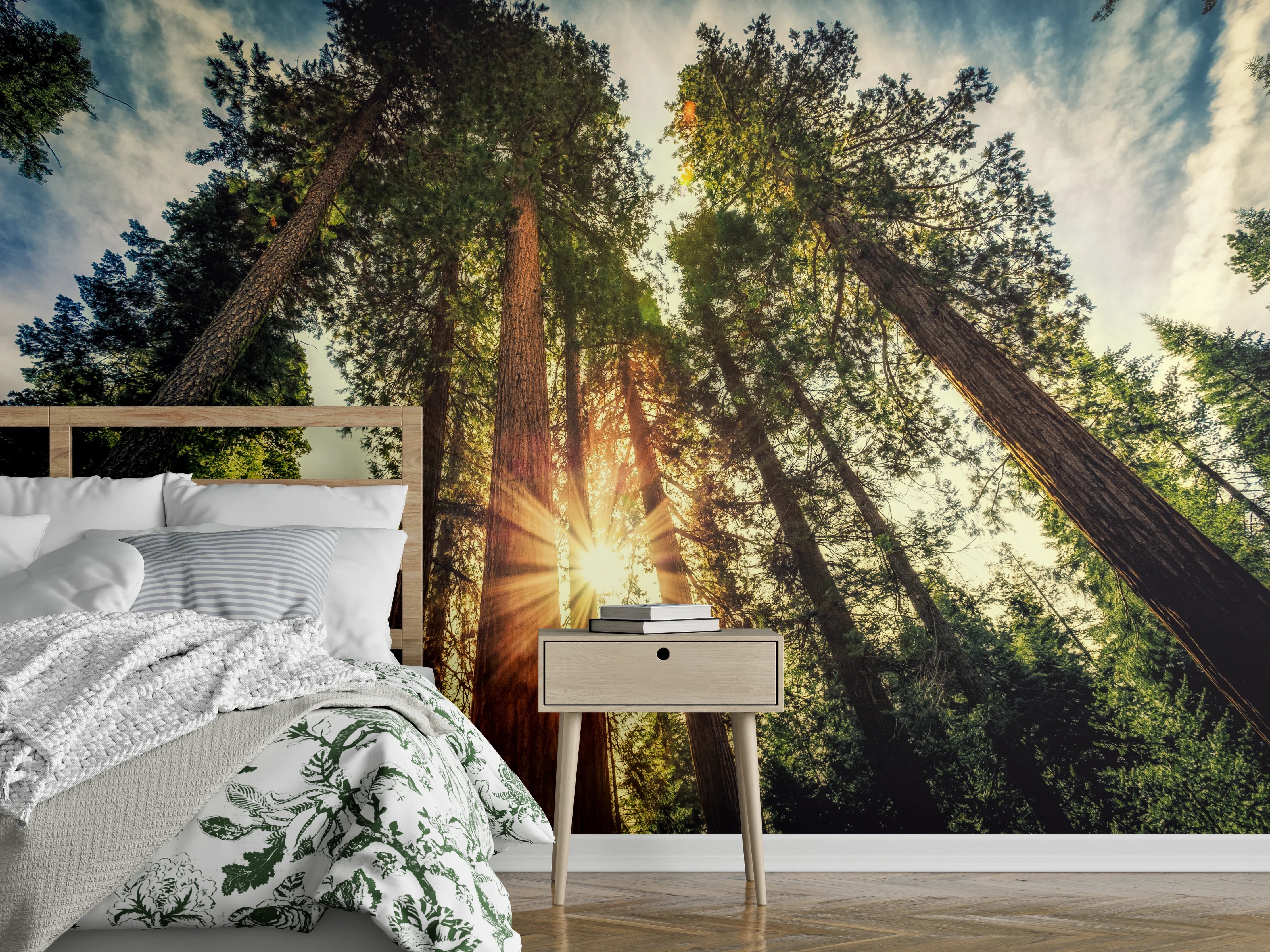 Wandverkleidung Schlafzimmer - Sonnenstrahlen im majestätischen Wald