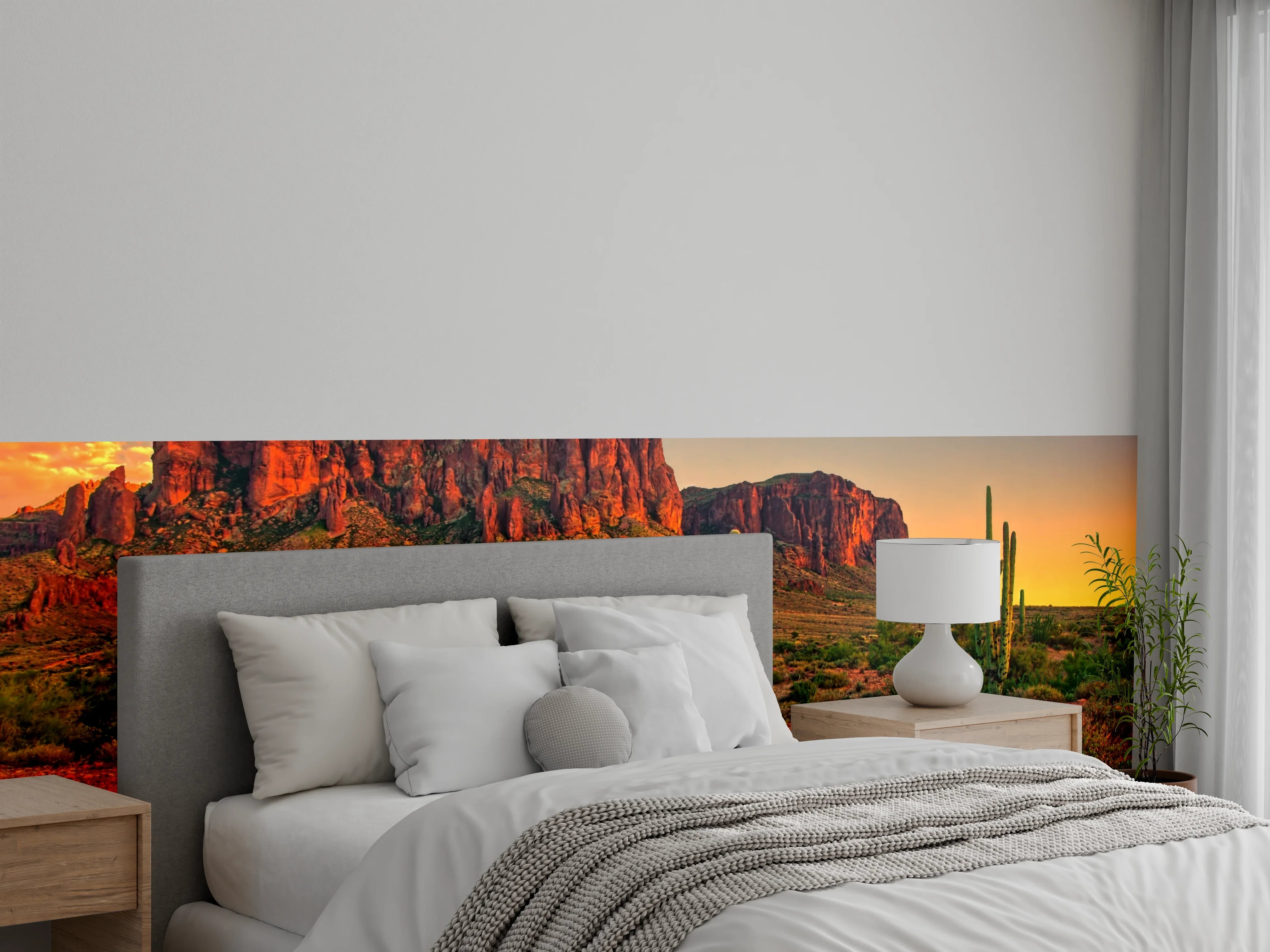 Wandverkleidung Schlafzimmer - Sonnenuntergang Wüstenlandschaft mit Kakteen