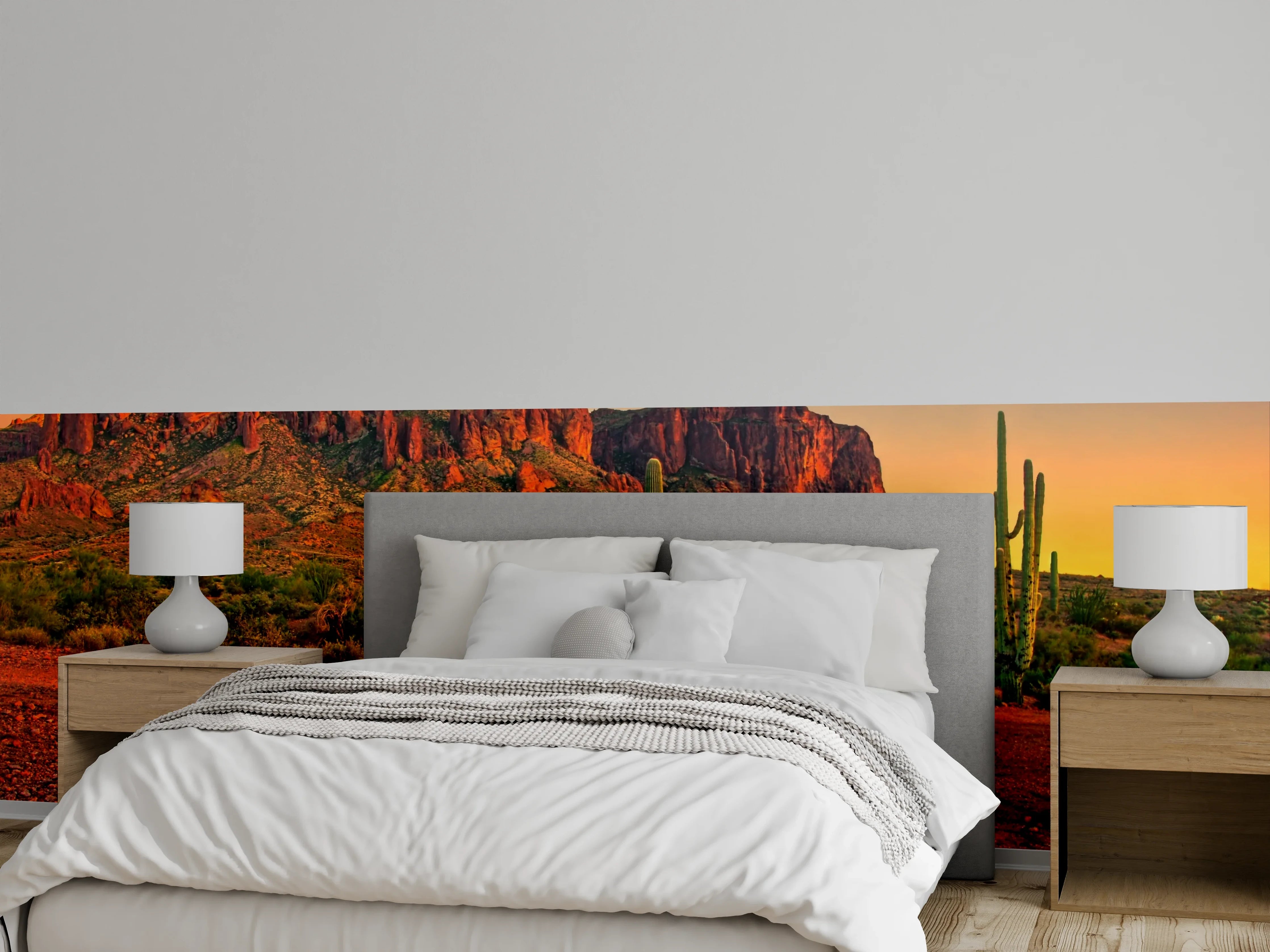Wandverkleidung Schlafzimmer - Sonnenuntergang Wüstenlandschaft mit Kakteen