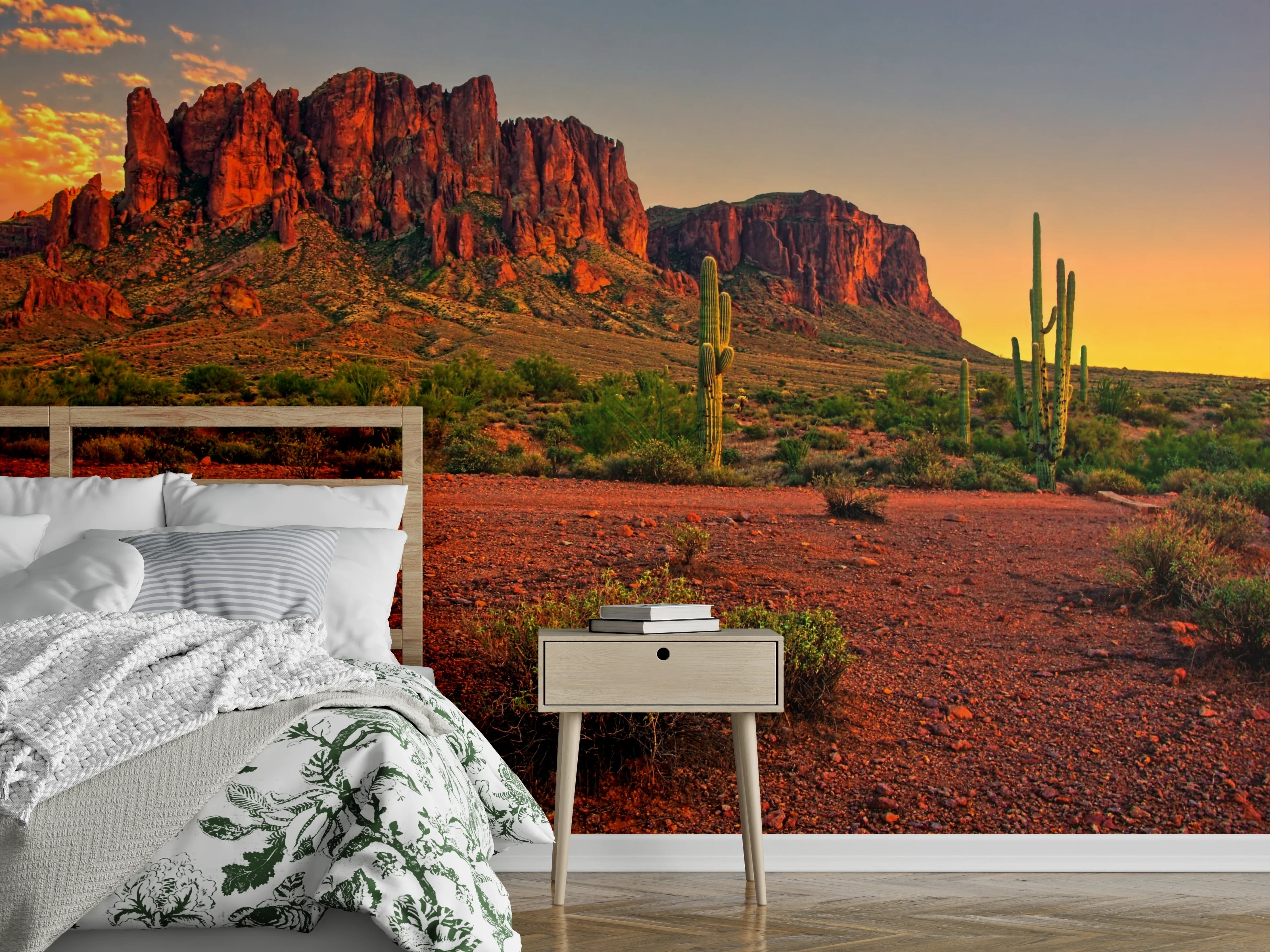 Wandverkleidung Schlafzimmer - Sonnenuntergang Wüstenlandschaft mit Kakteen