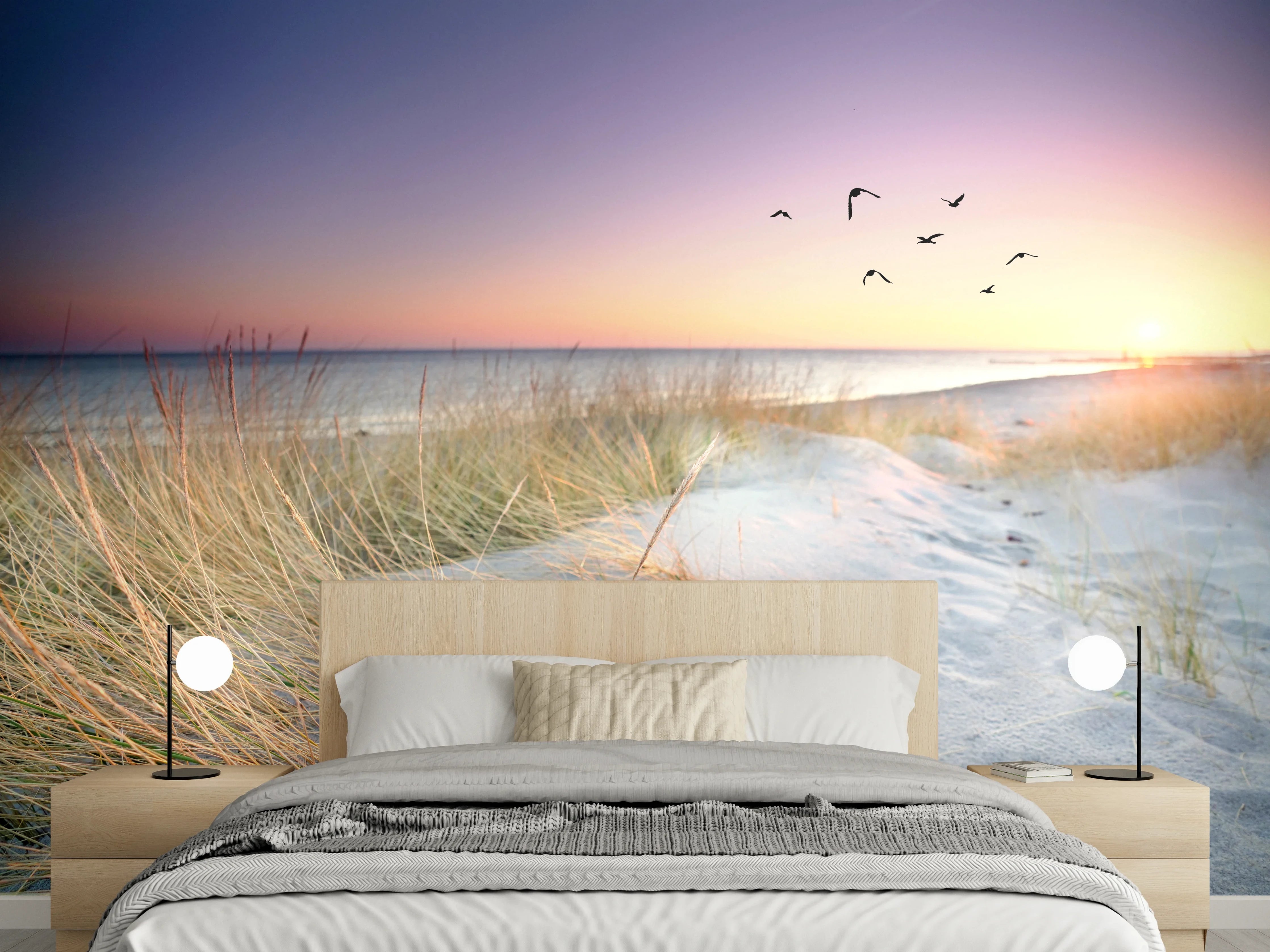 Wandverkleidung Schlafzimmer - Sonnenuntergang am Dünenstrand Fotomotiv