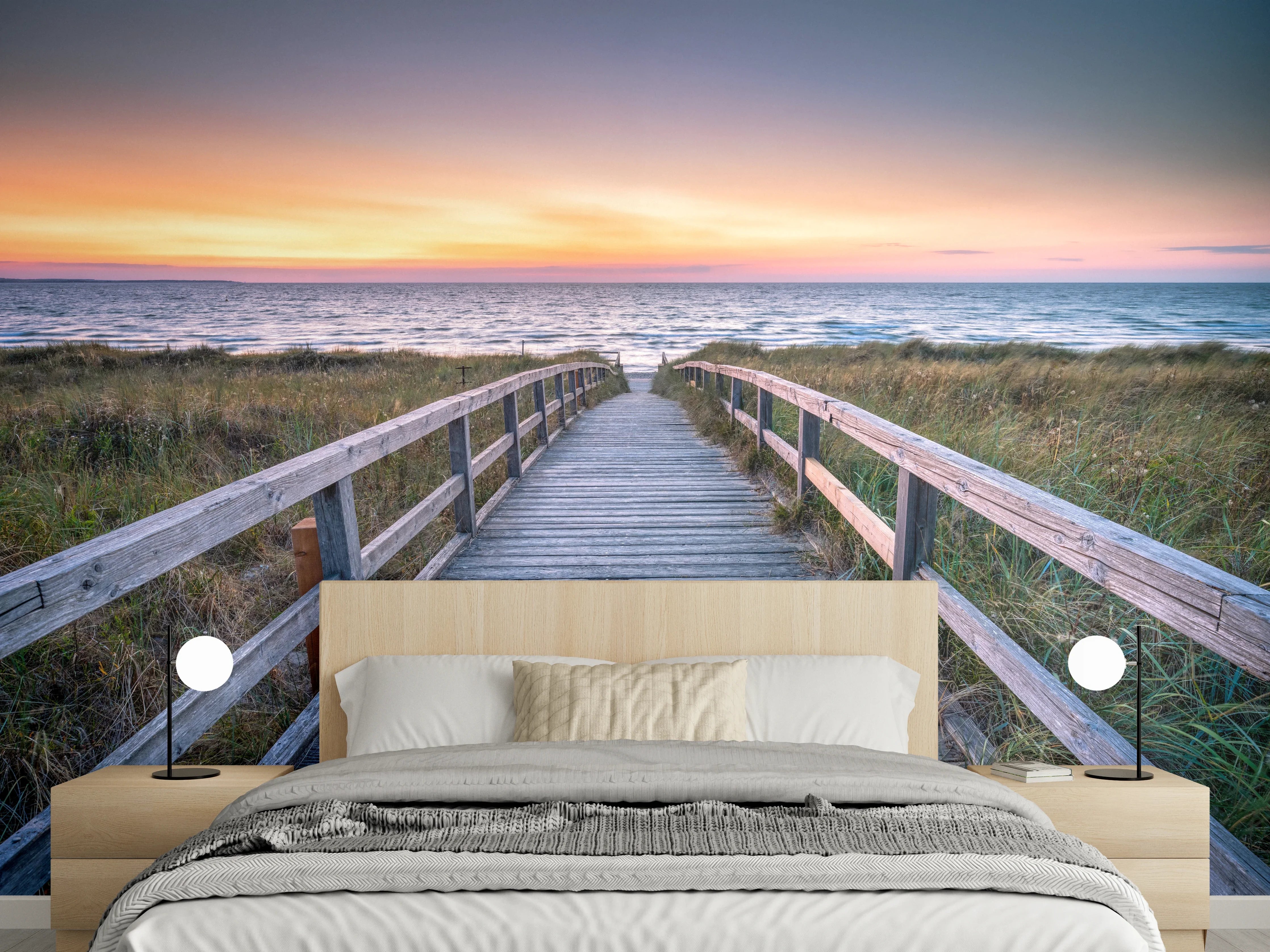Wandverkleidung Schlafzimmer - Sonnenuntergang am Holzsteg zum Meer