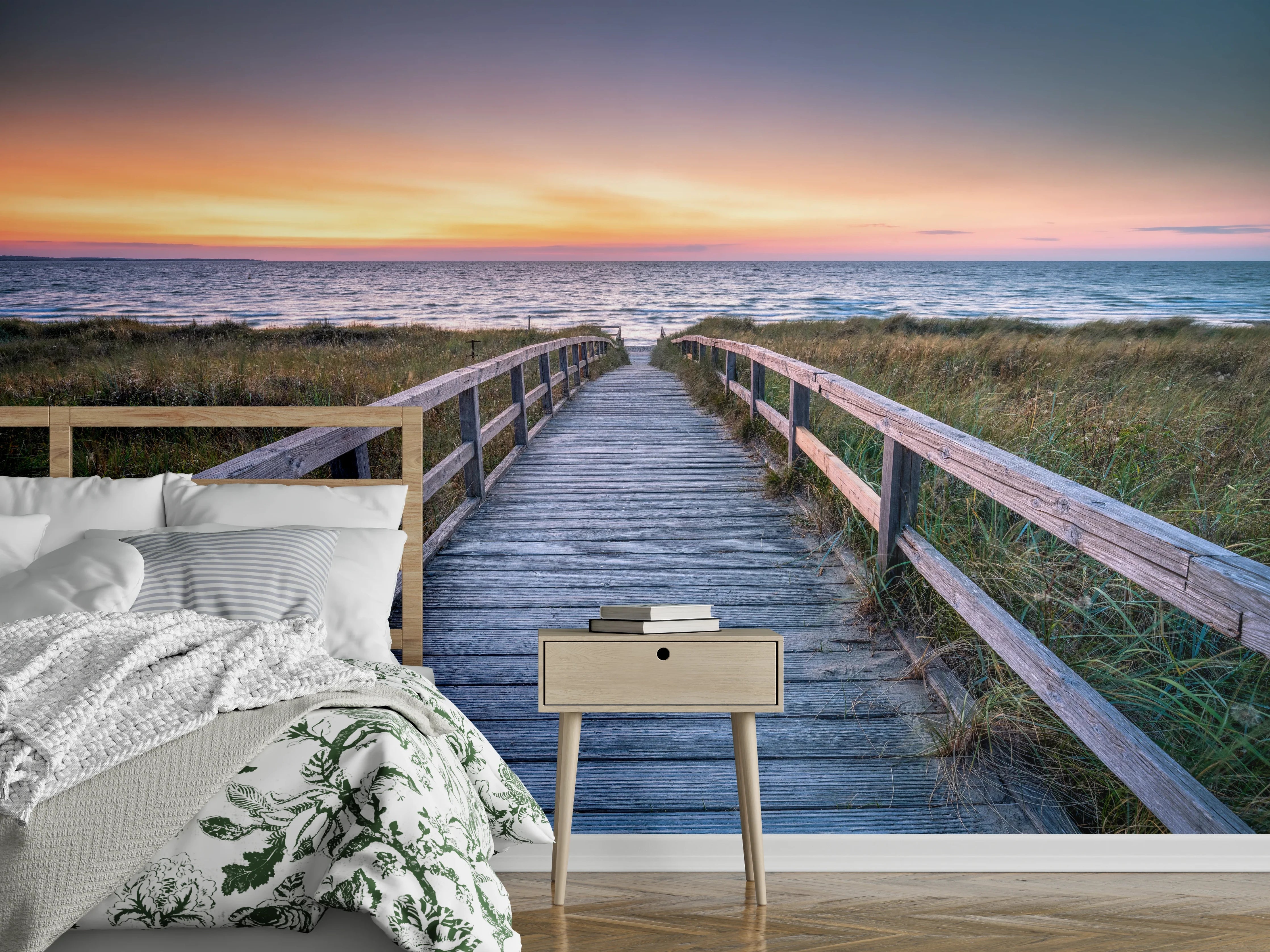 Wandverkleidung Schlafzimmer - Sonnenuntergang am Holzsteg zum Meer
