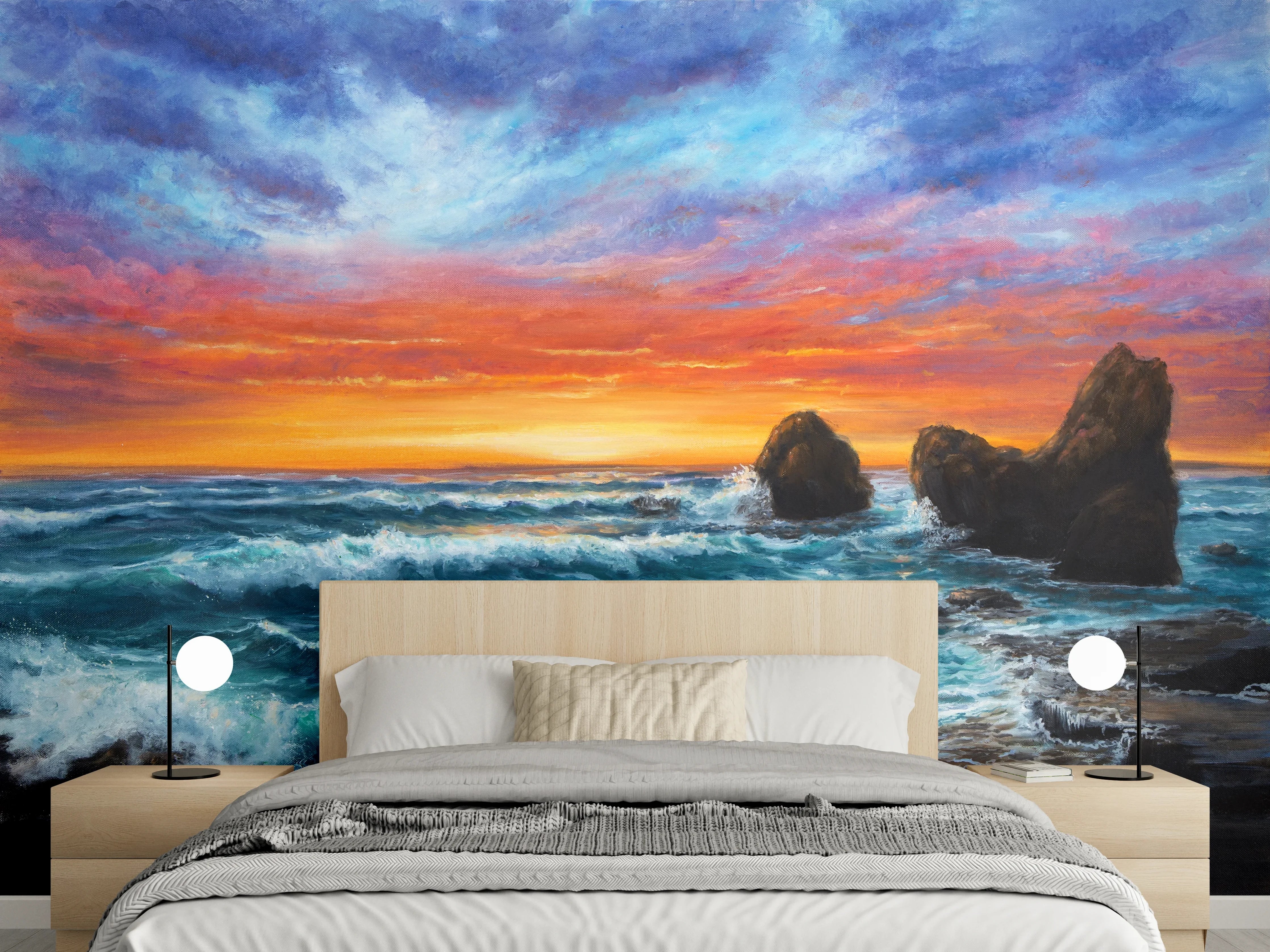 Wandverkleidung Schlafzimmer - Sonnenuntergang am Meer mit Felsen