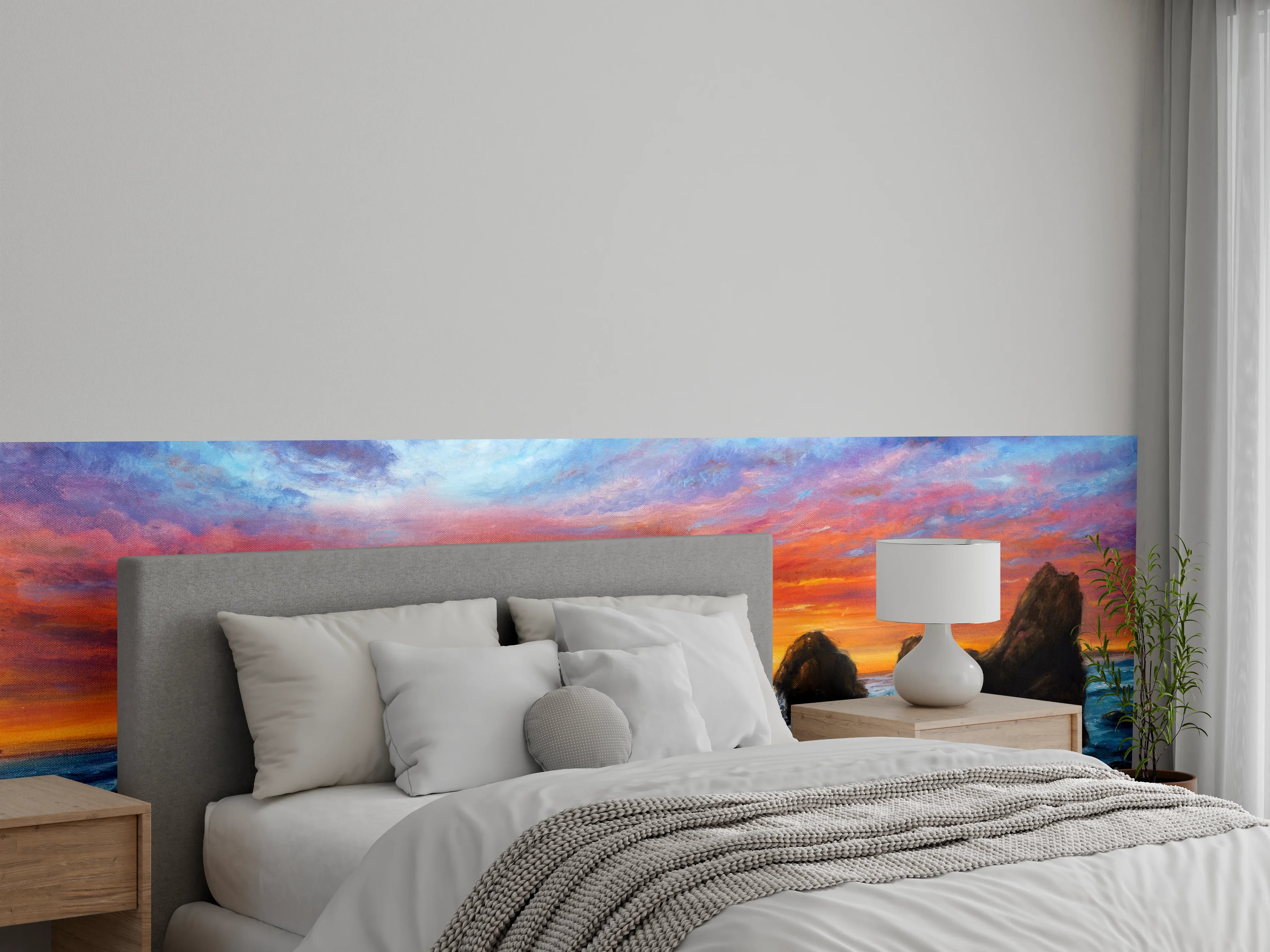 Wandverkleidung Schlafzimmer - Sonnenuntergang am Meer mit Felsen