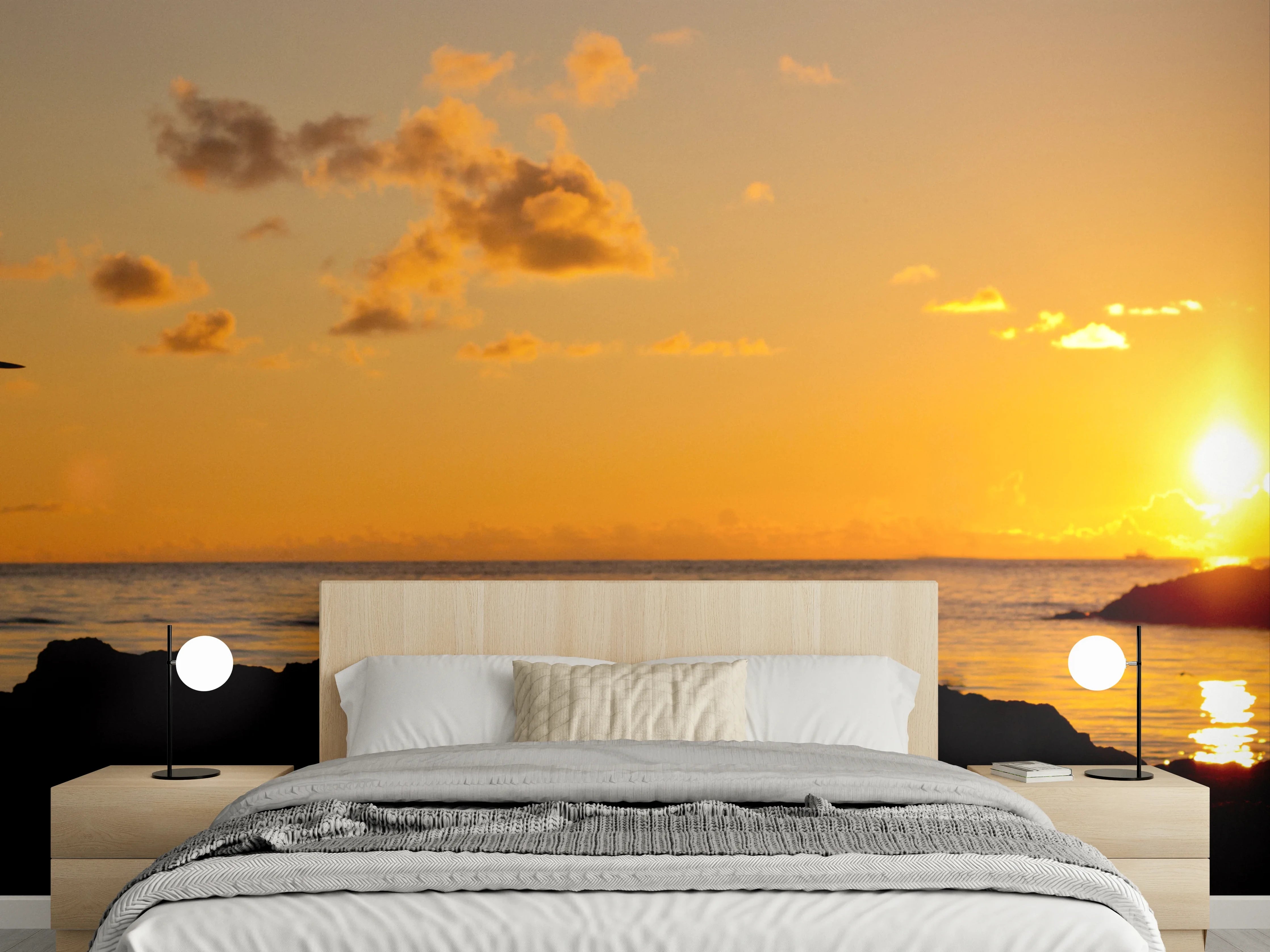 Wandverkleidung Schlafzimmer - Sonnenuntergang am Meer mit Reiher