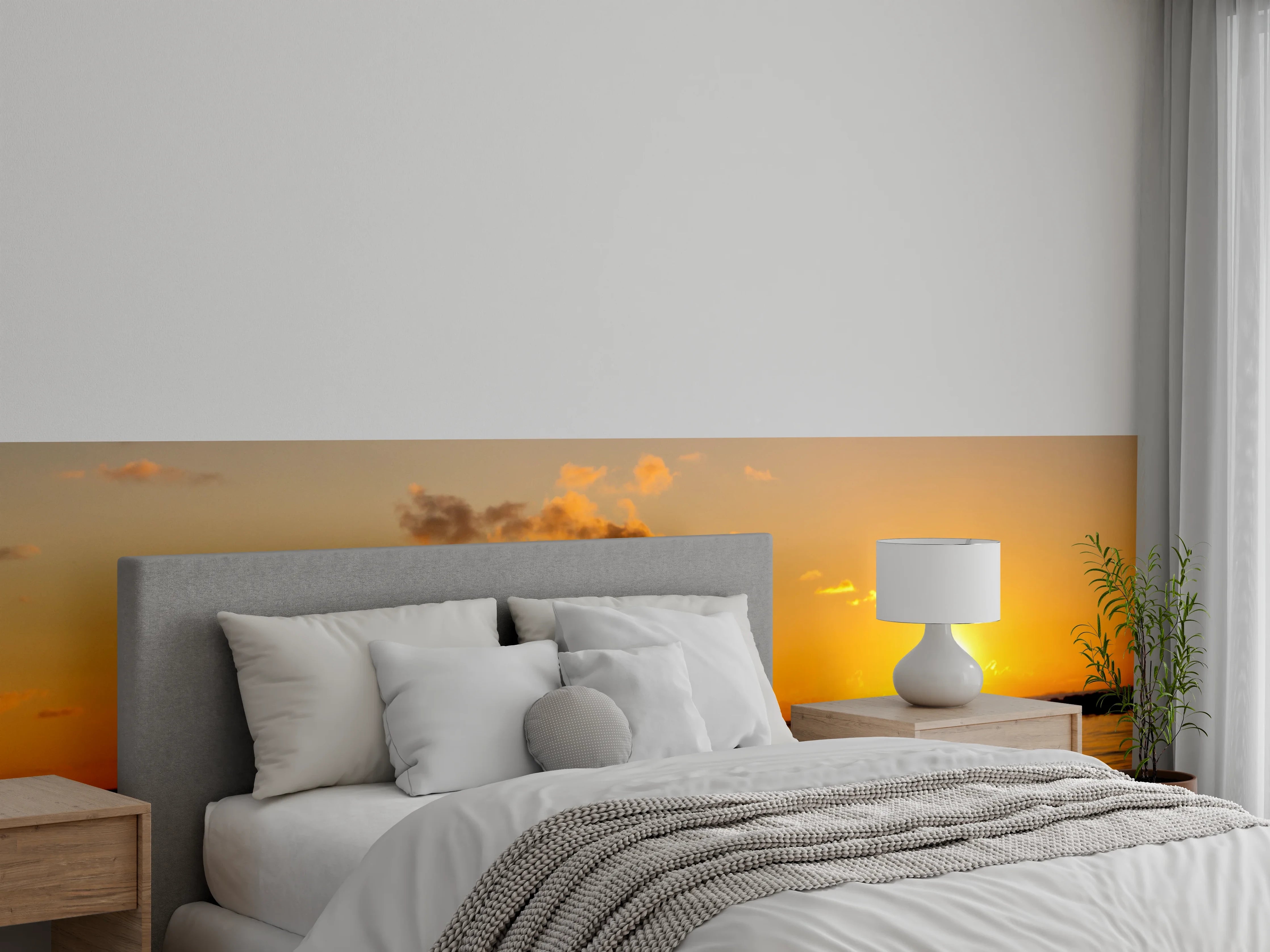 Wandverkleidung Schlafzimmer - Sonnenuntergang am Meer mit Reiher