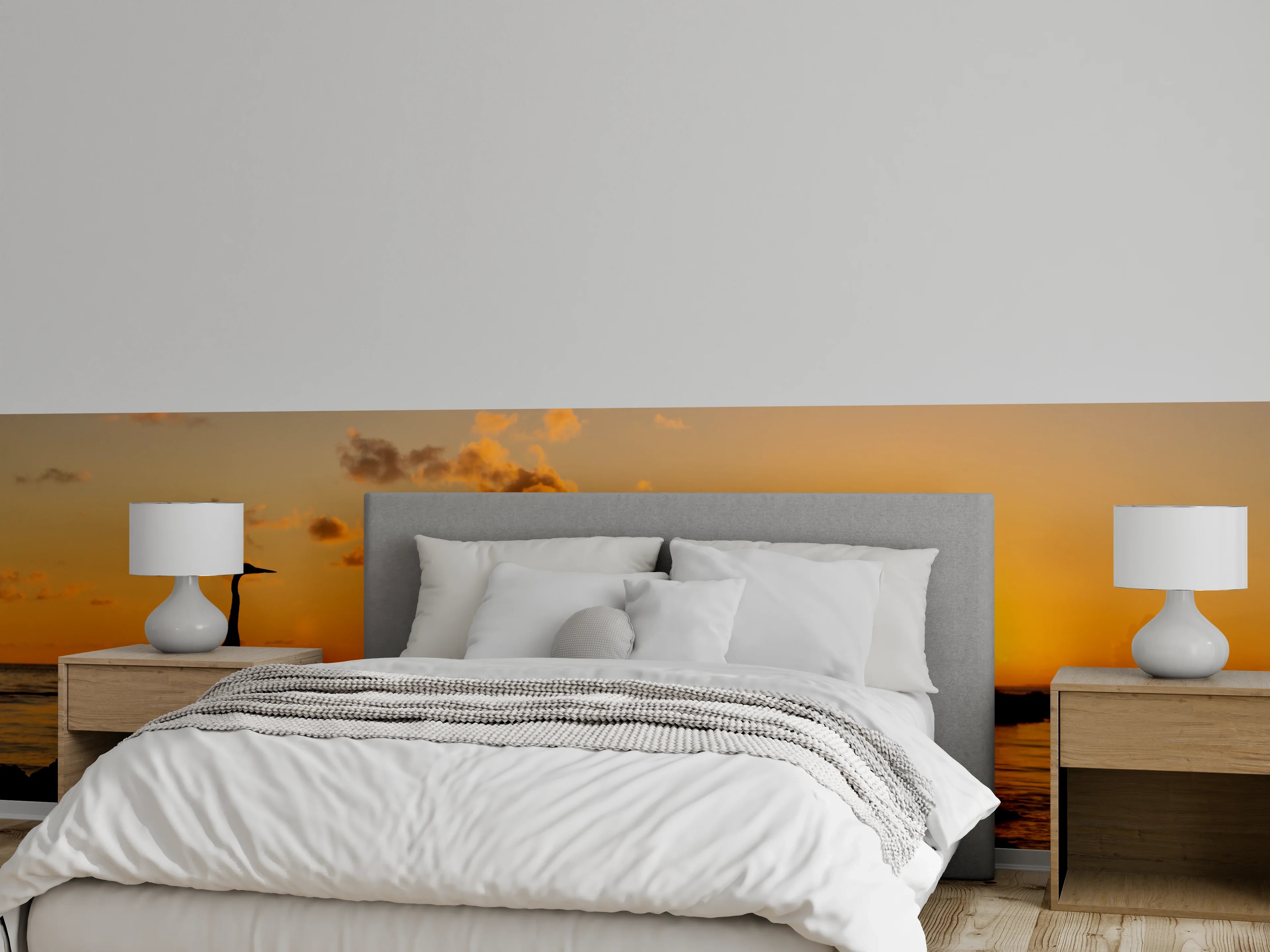 Wandverkleidung Schlafzimmer - Sonnenuntergang am Meer mit Reiher