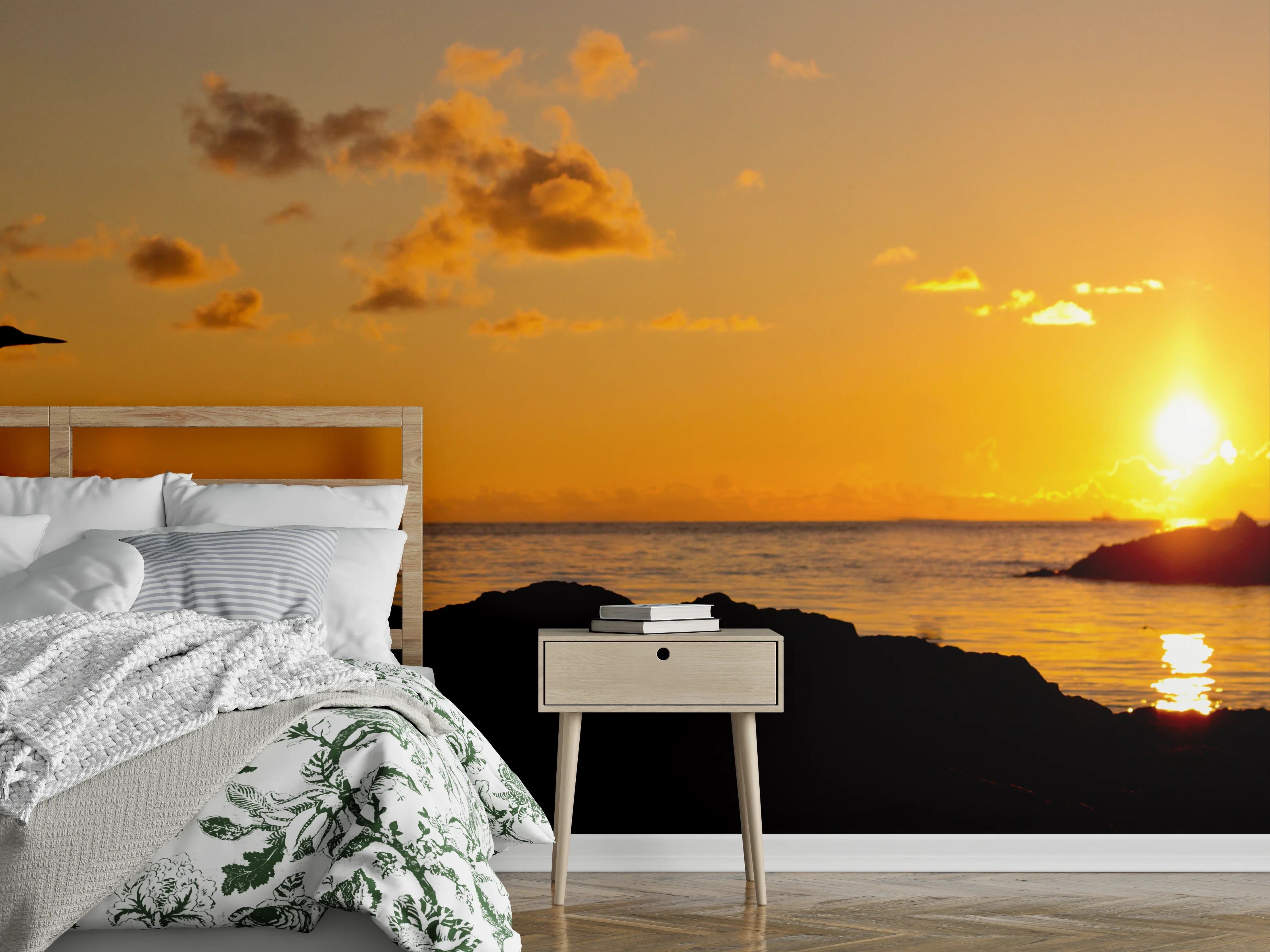 Wandverkleidung Schlafzimmer - Sonnenuntergang am Meer mit Reiher