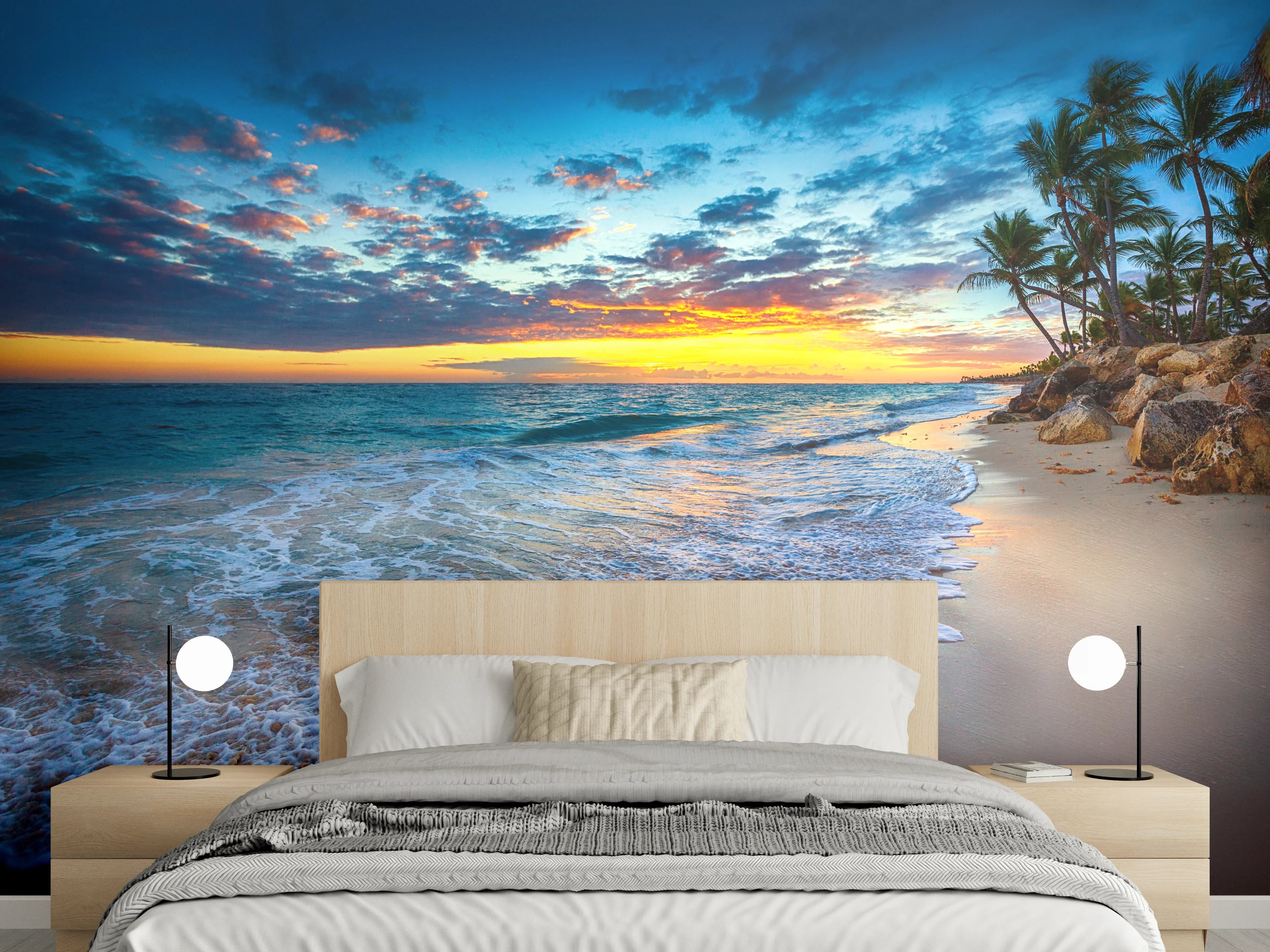 Wandverkleidung Schlafzimmer - Sonnenuntergang am Palmenstrand Fotomotiv