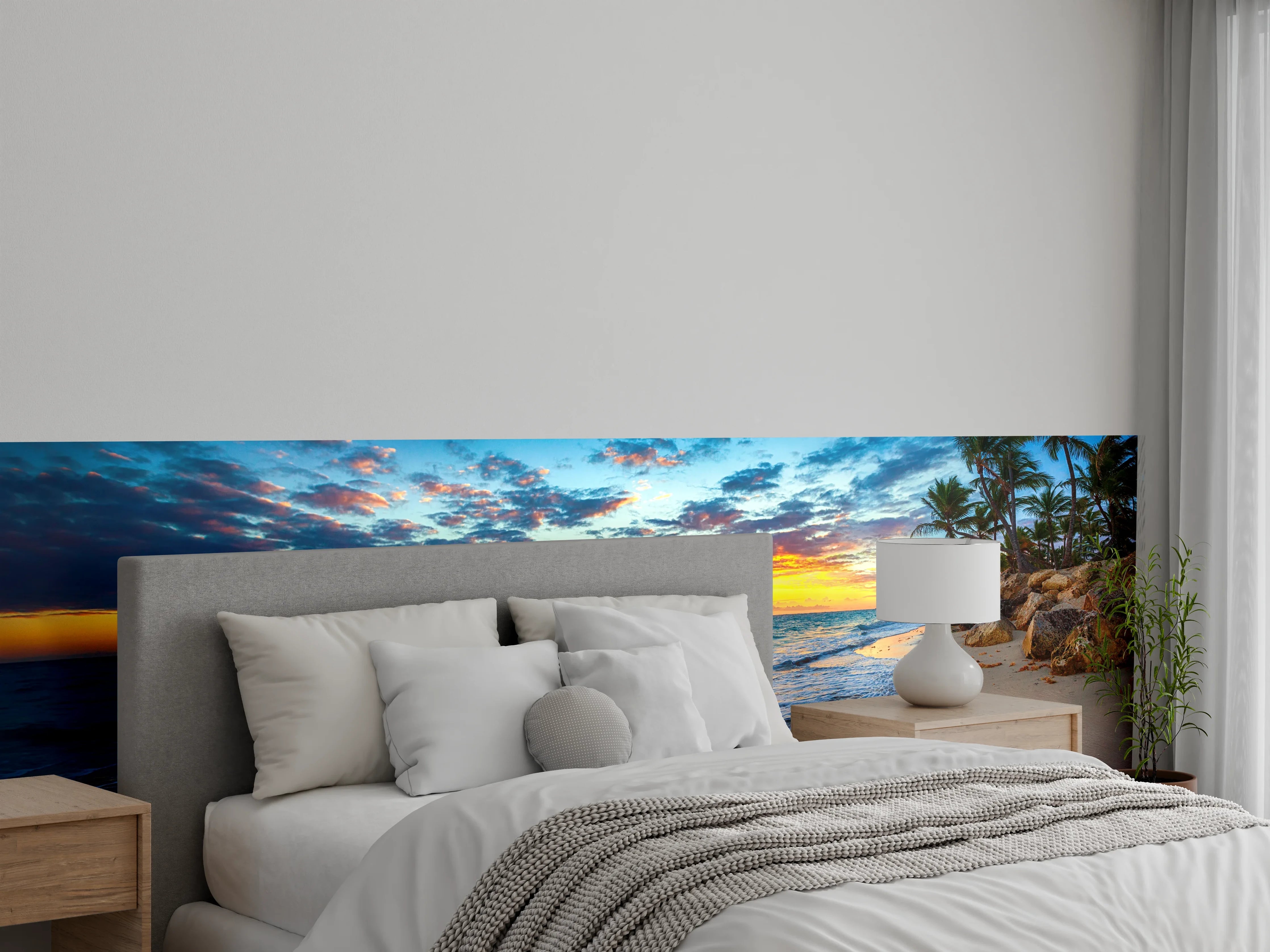 Wandverkleidung Schlafzimmer - Sonnenuntergang am Palmenstrand Fotomotiv