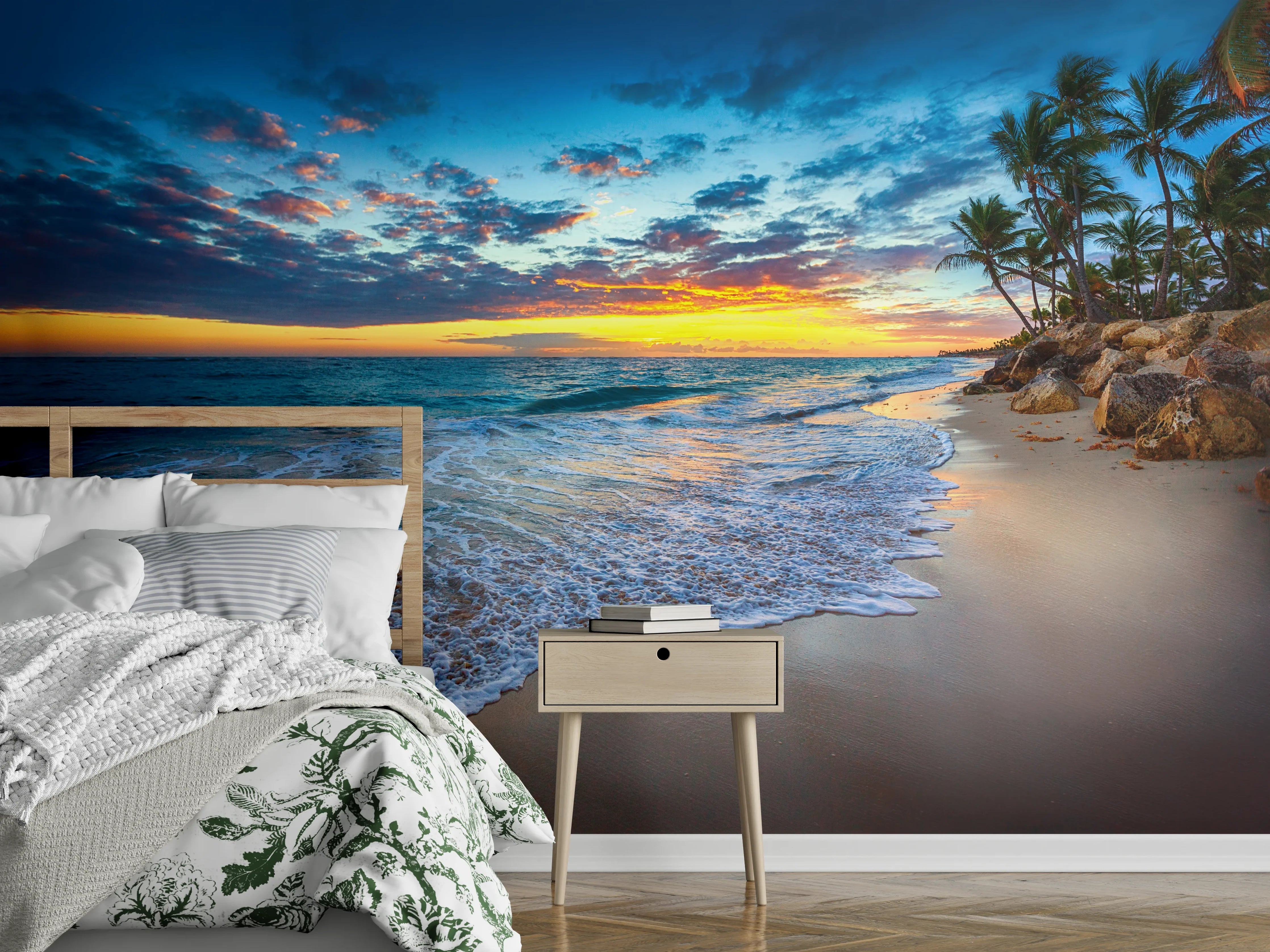 Wandverkleidung Schlafzimmer - Sonnenuntergang am Palmenstrand Fotomotiv
