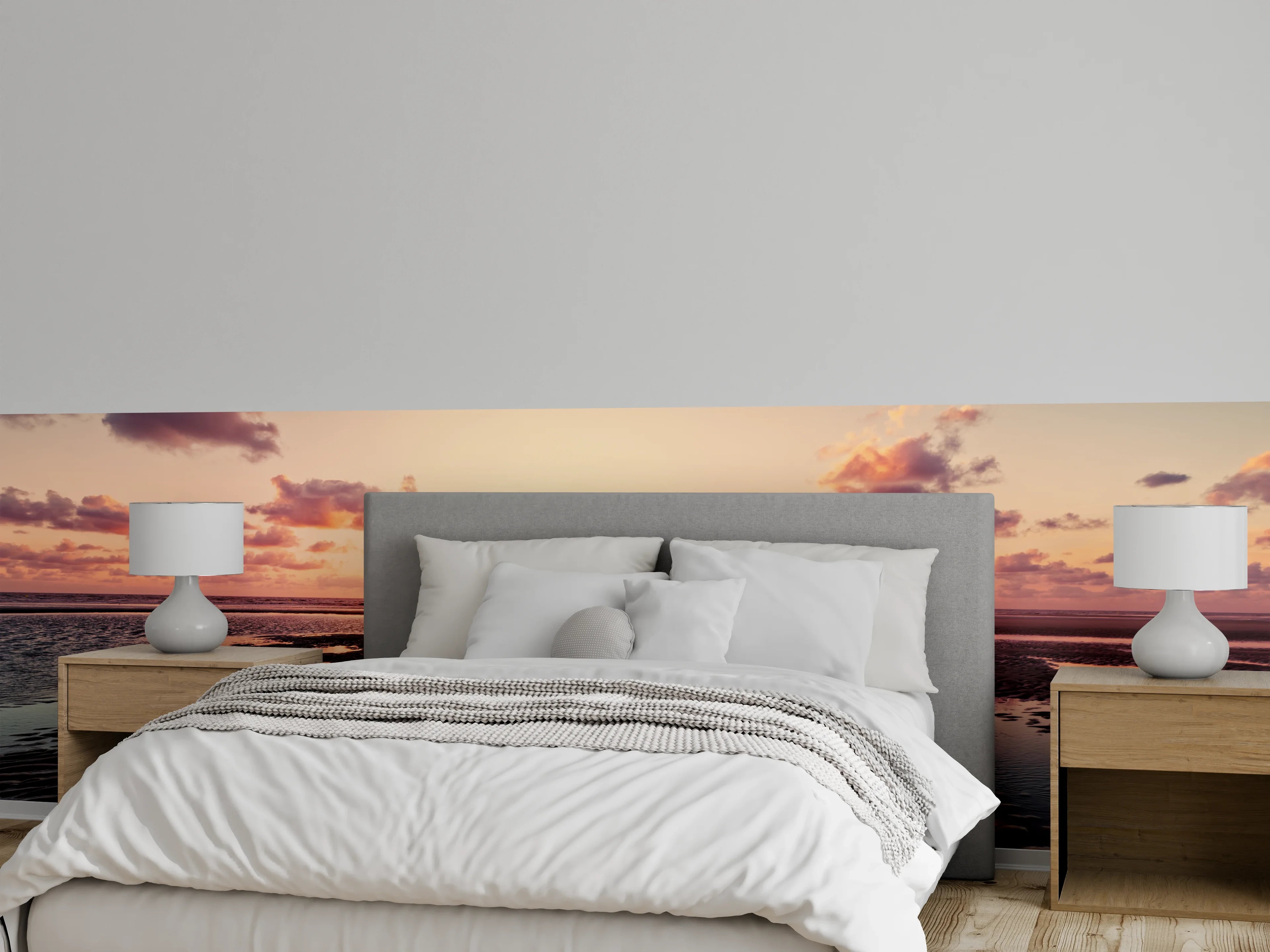 Wandverkleidung Schlafzimmer - Sonnenuntergang am Wattstrand Panorama
