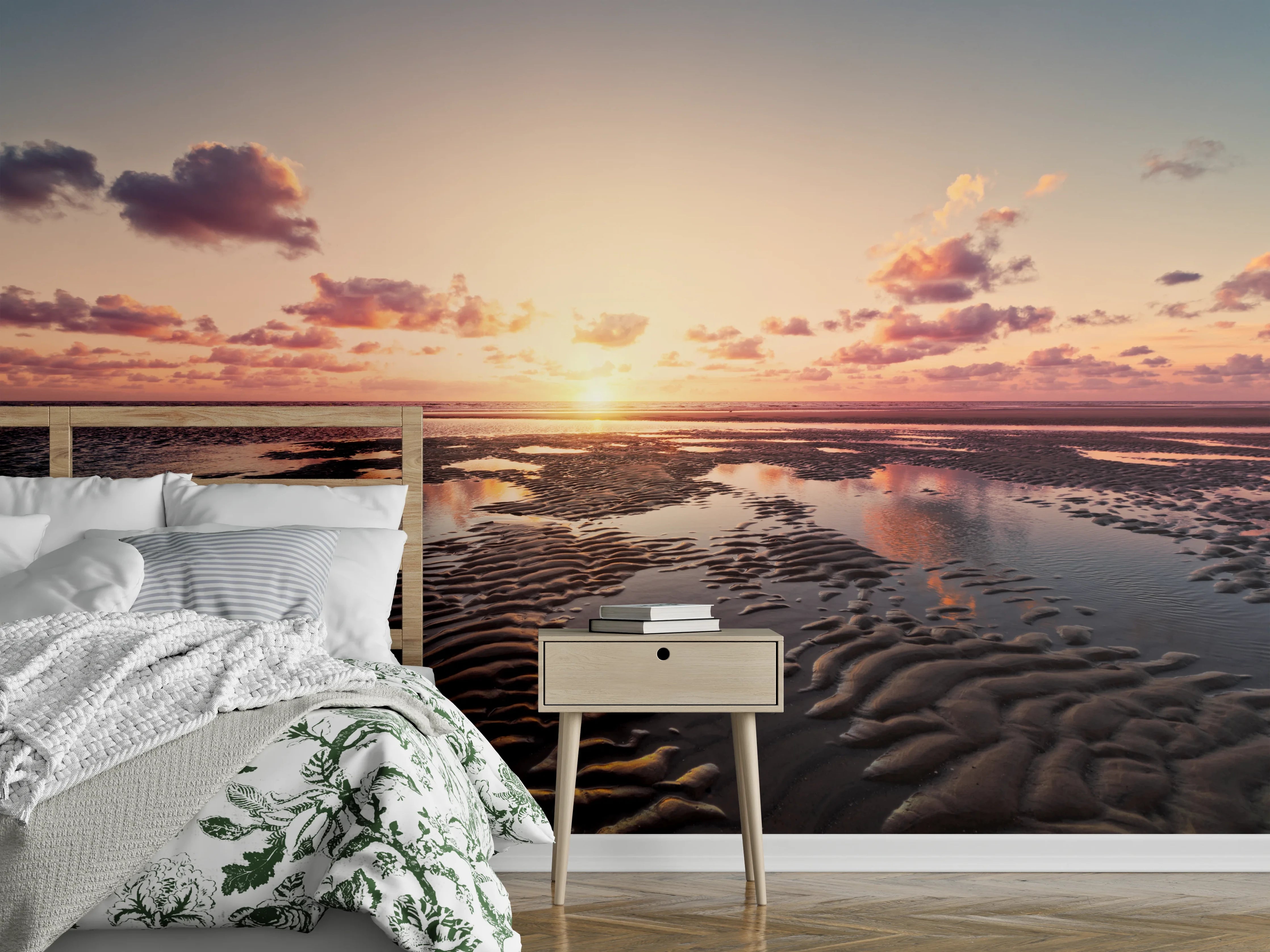 Wandverkleidung Schlafzimmer - Sonnenuntergang am Wattstrand Panorama