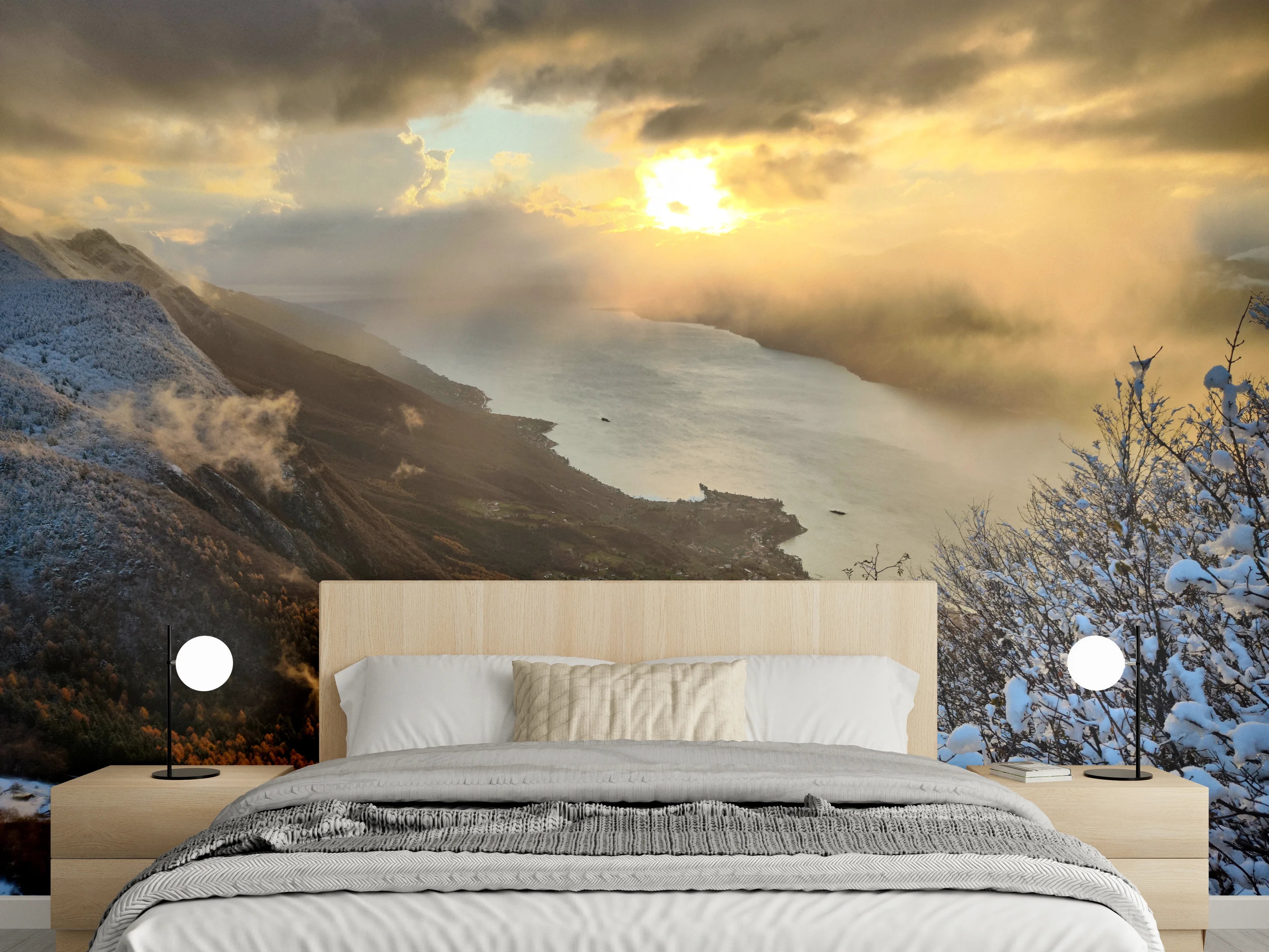Wandverkleidung Schlafzimmer - Sonnenuntergang am verschneiten See