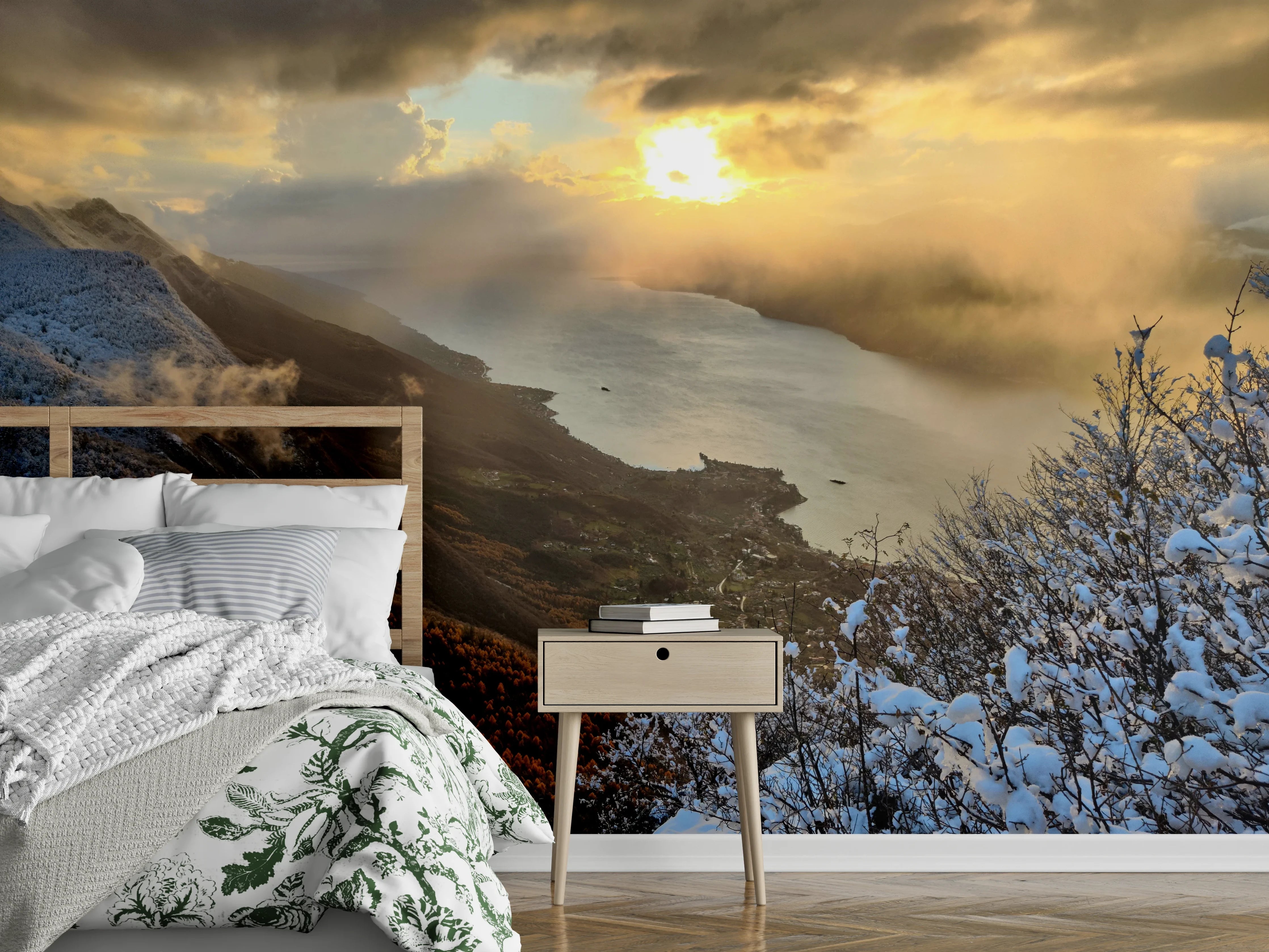 Wandverkleidung Schlafzimmer - Sonnenuntergang am verschneiten See