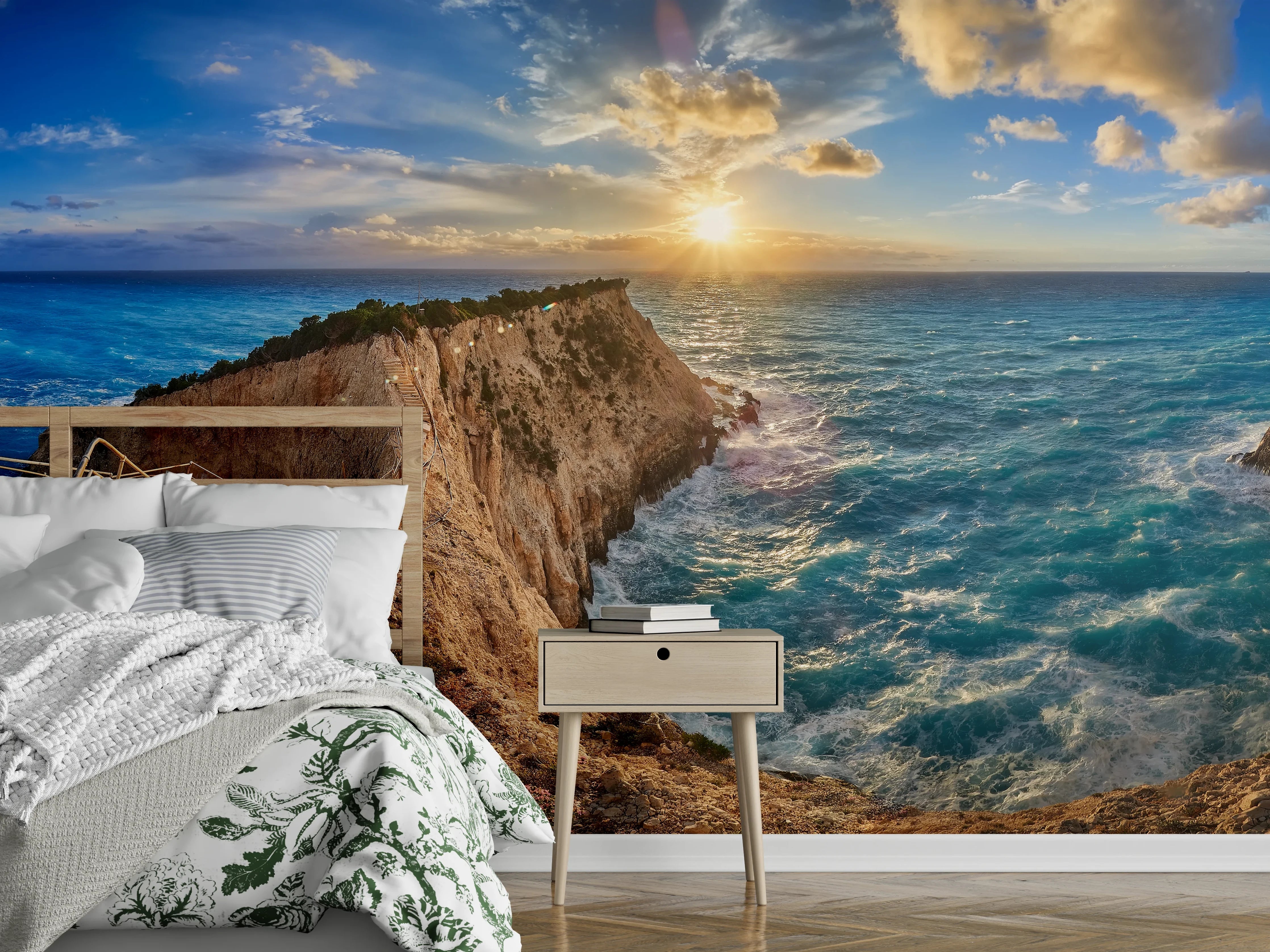 Wandverkleidung Schlafzimmer - Sonnenuntergang an türkisblauer Steilküste