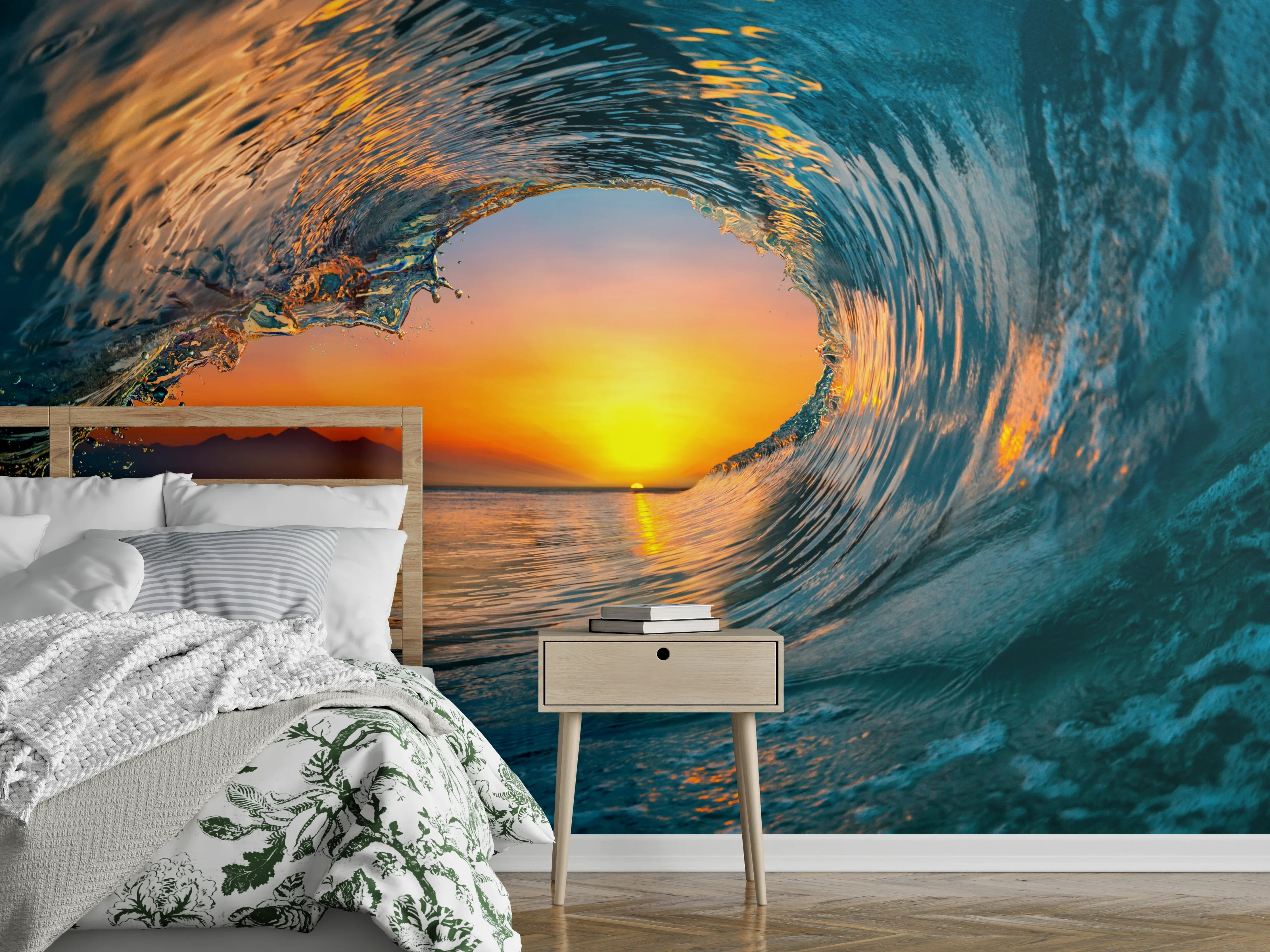 Wandverkleidung Schlafzimmer - Sonnenuntergang in Ozeanwelle Fotomotiv