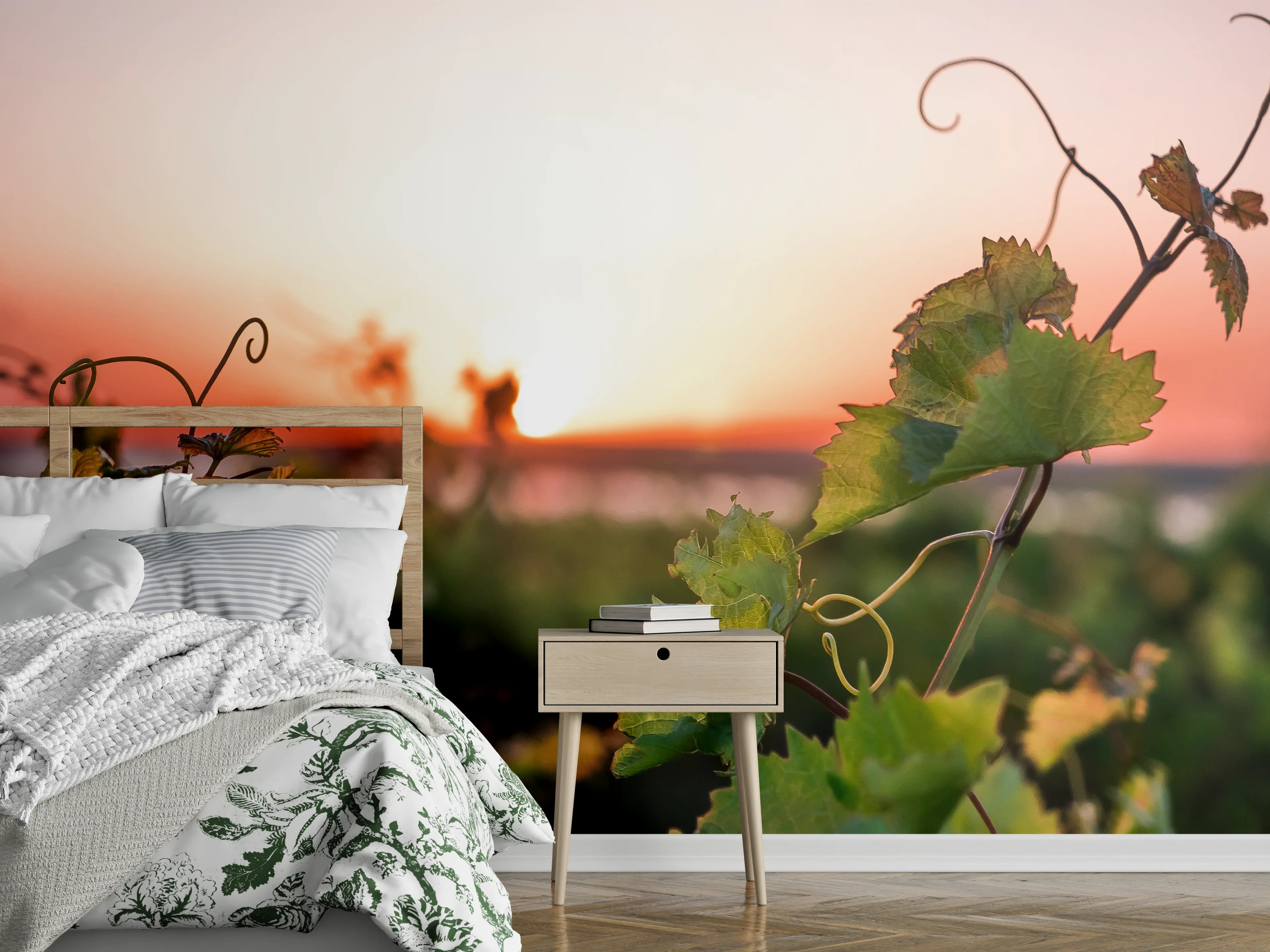 Wandverkleidung Schlafzimmer - Sonnenuntergang über Weinreben Landschaft