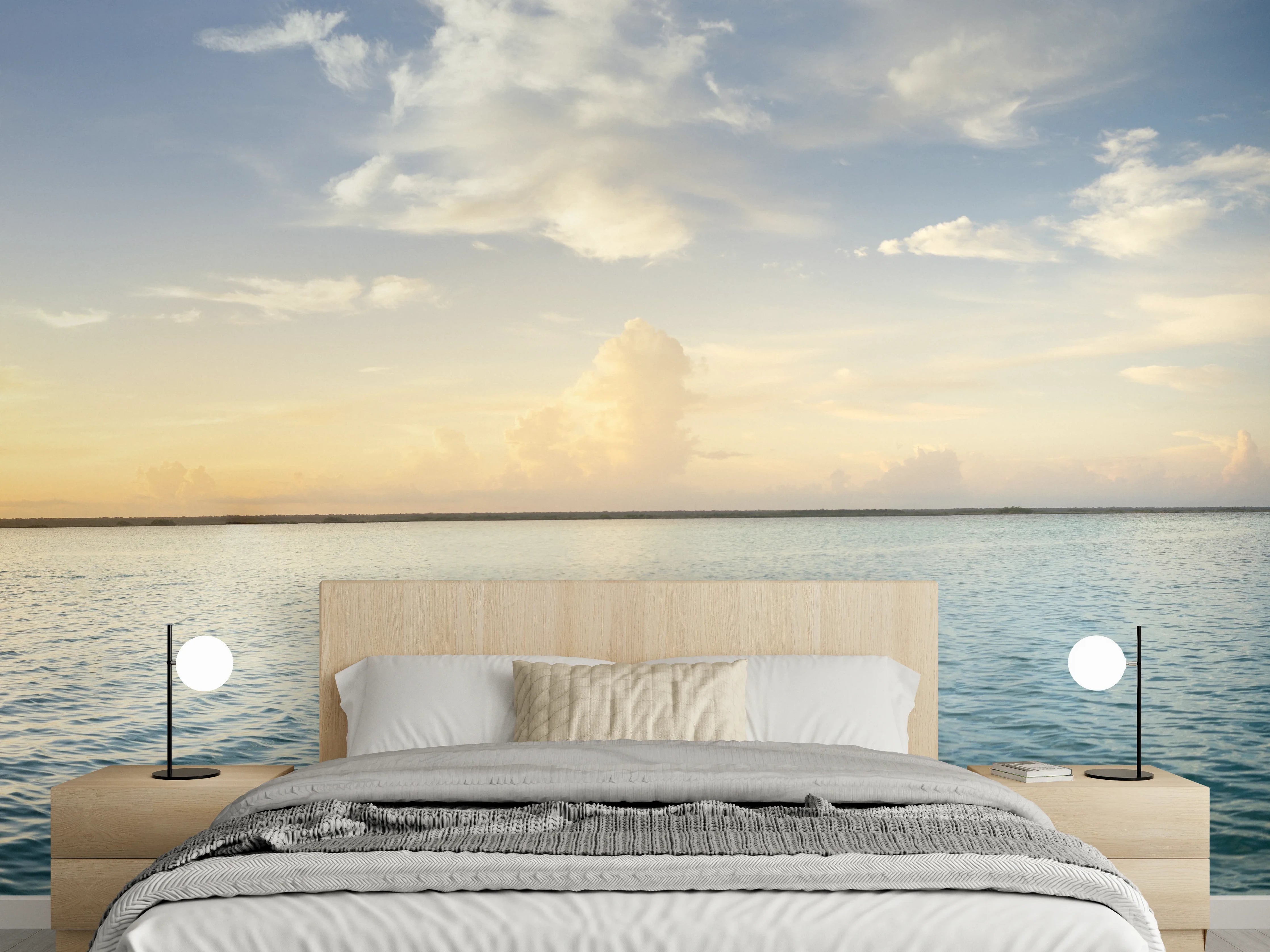 Wandverkleidung Schlafzimmer - Sonnenuntergang über dem Meer mit Wolken