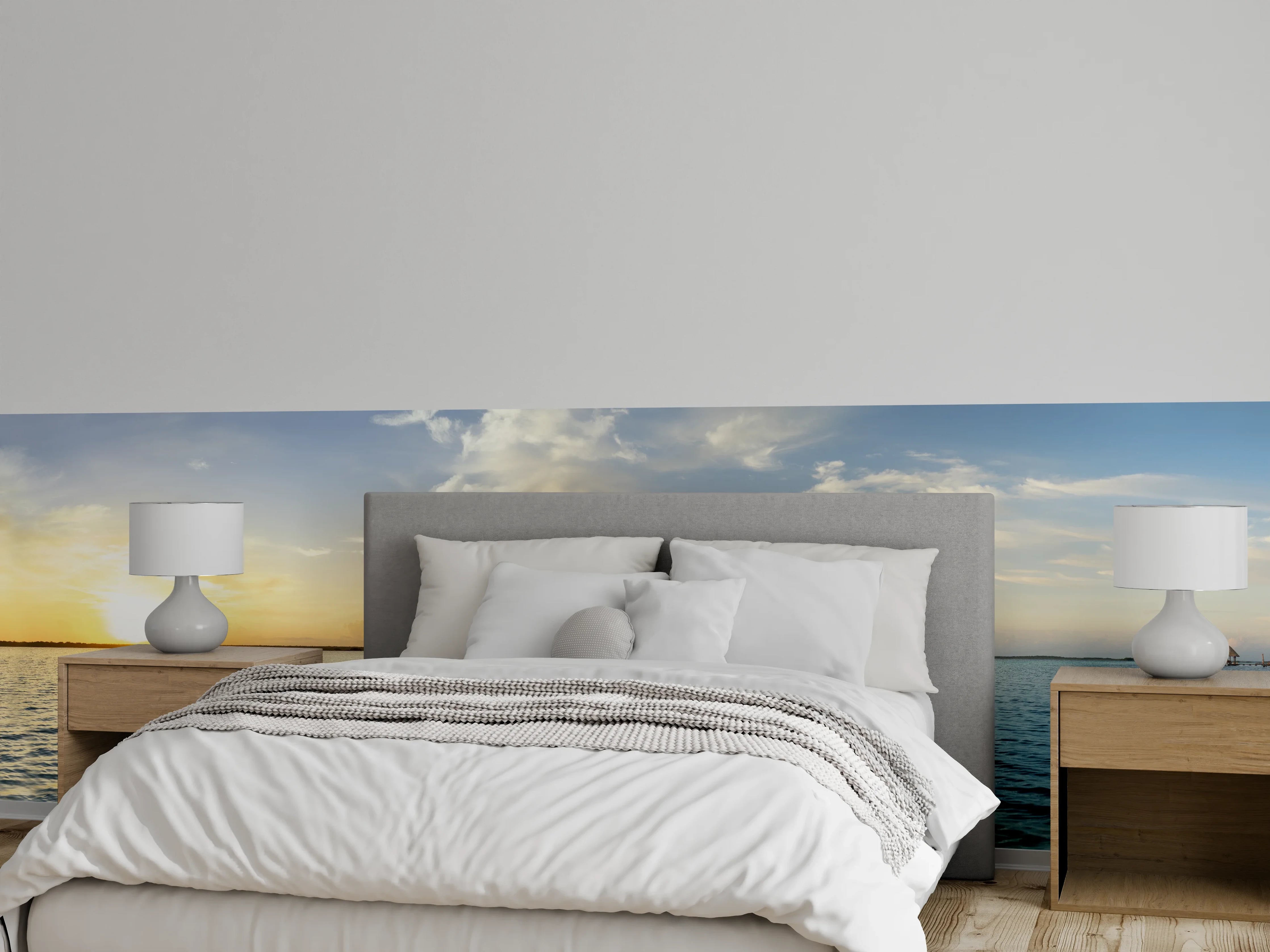 Wandverkleidung Schlafzimmer - Sonnenuntergang über dem Meer mit Wolken