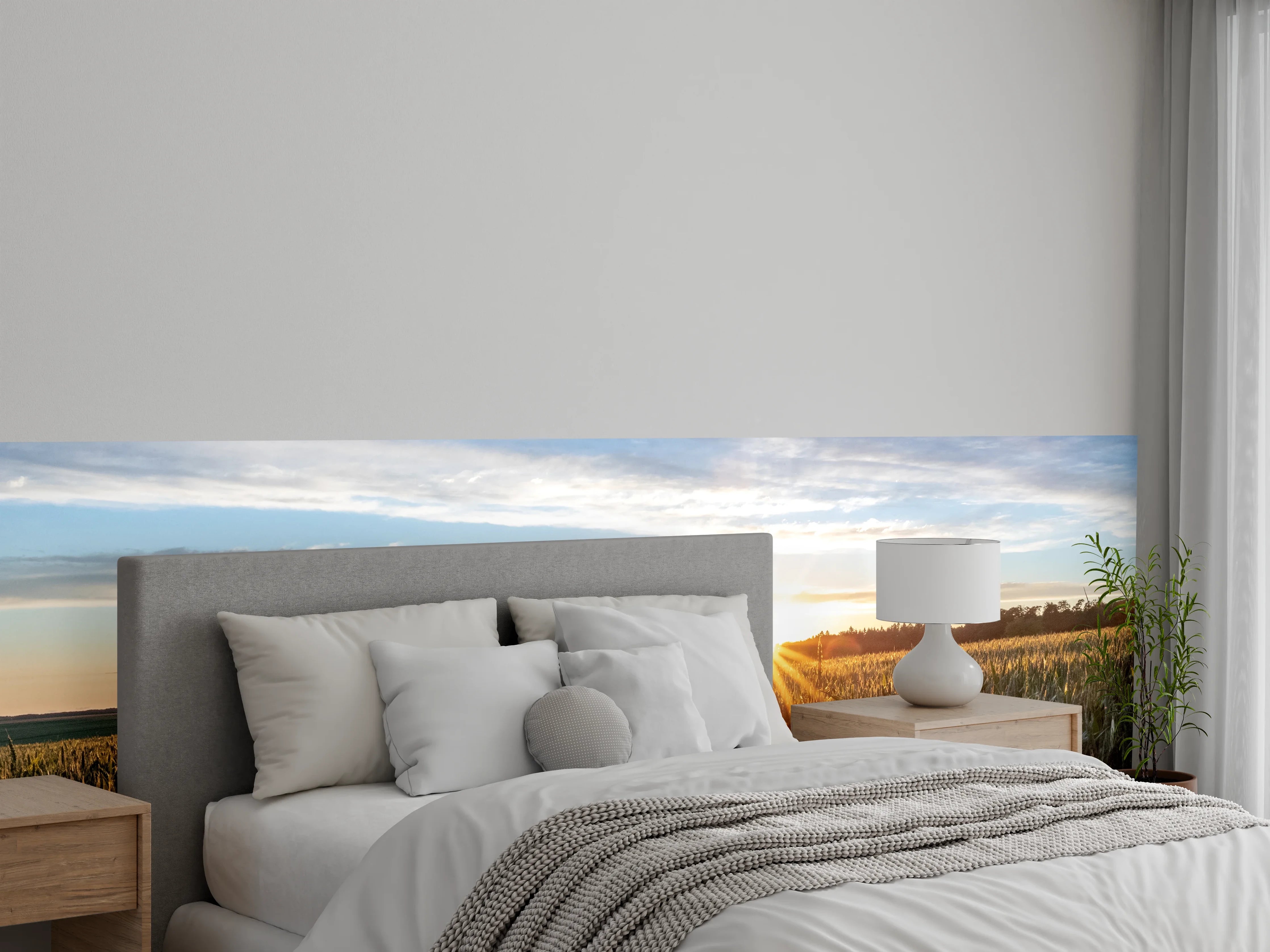 Wandverkleidung Schlafzimmer - Sonnenuntergang über einem Kornfeld
