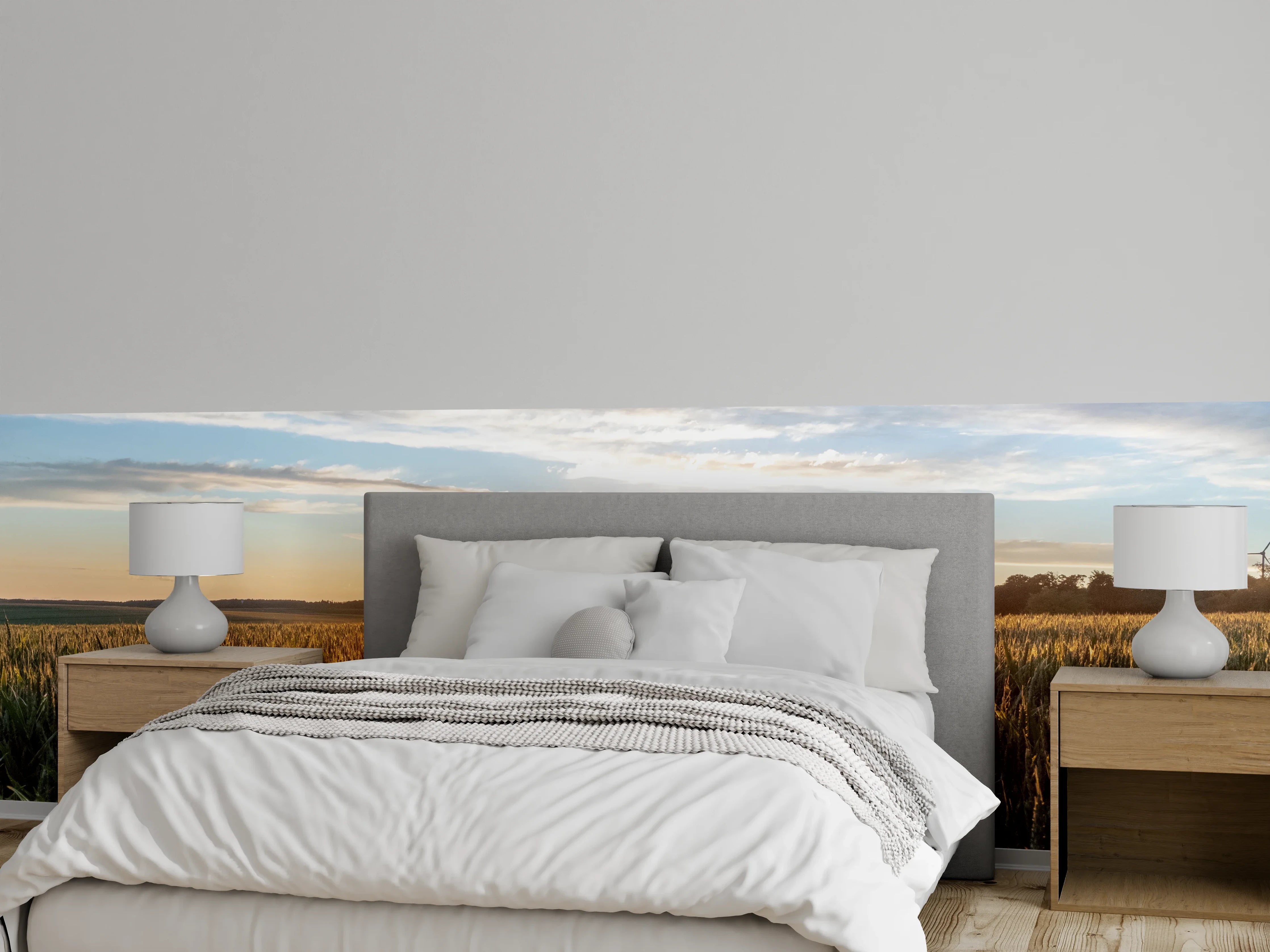 Wandverkleidung Schlafzimmer - Sonnenuntergang über einem Kornfeld