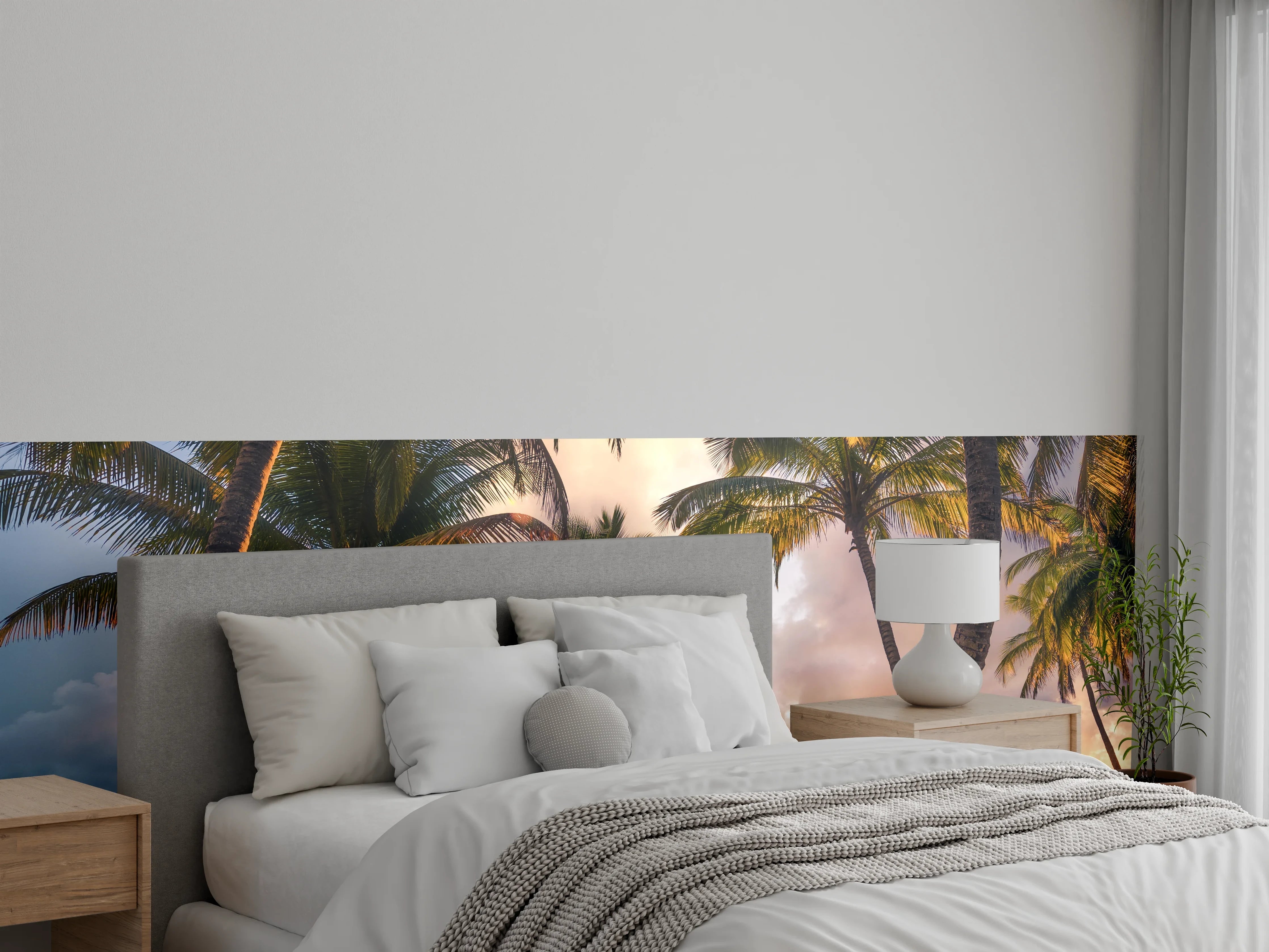 Wandverkleidung Schlafzimmer - Sonnenuntergang unter Palmen am Strand
