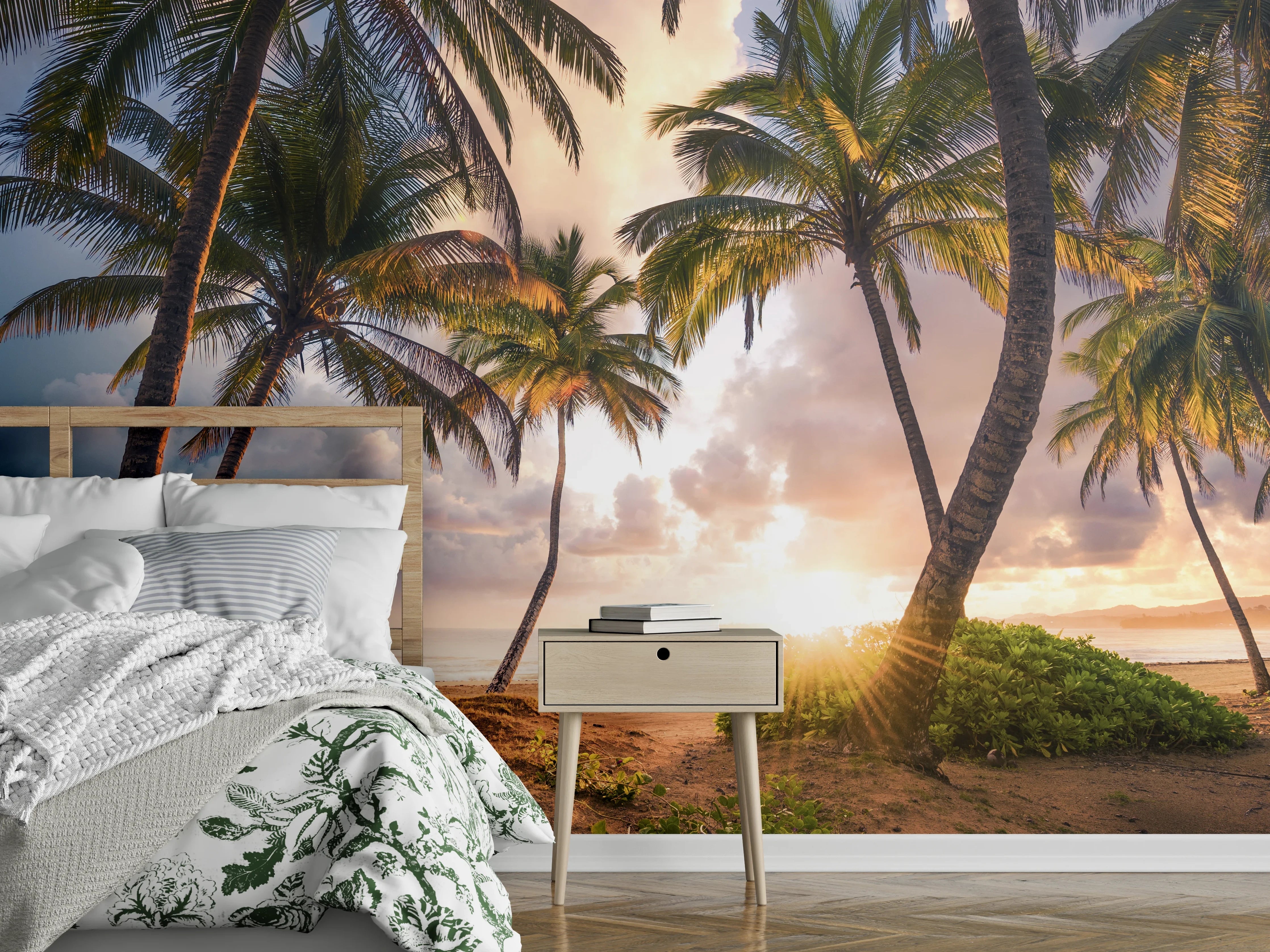 Wandverkleidung Schlafzimmer - Sonnenuntergang unter Palmen am Strand