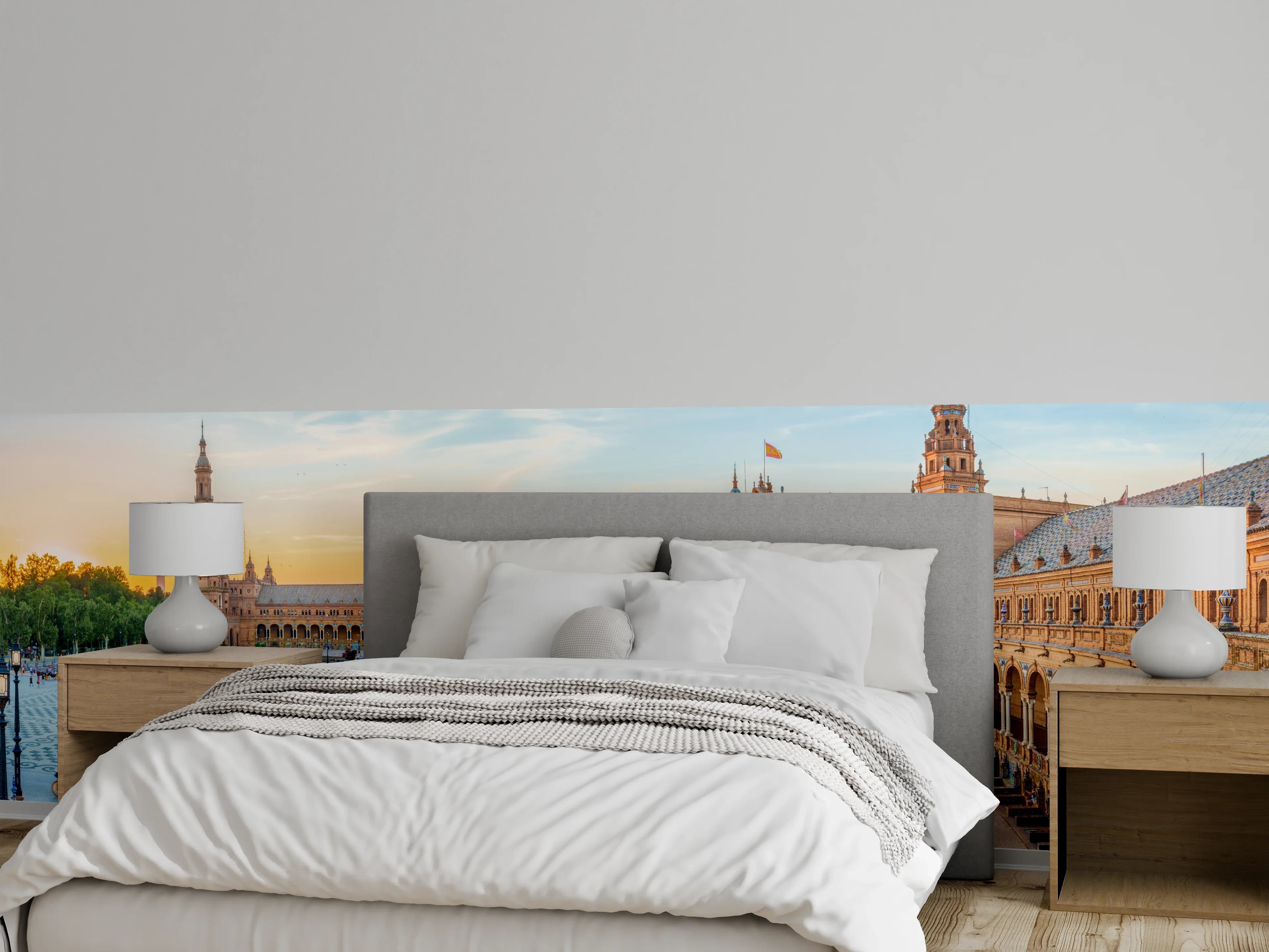Wandverkleidung Schlafzimmer - Spanisches Platzpanorama bei Sonnenuntergang