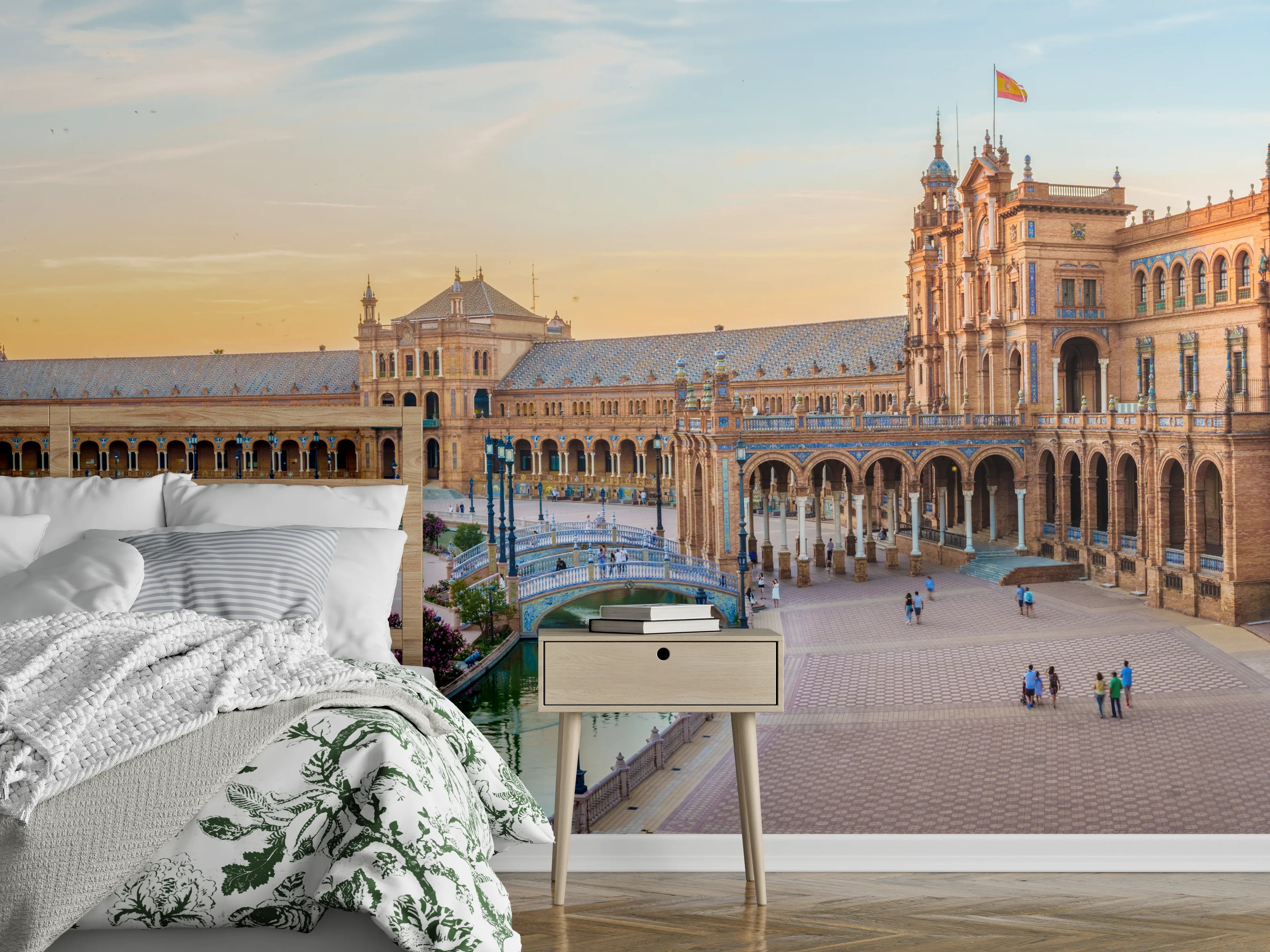 Wandverkleidung Schlafzimmer - Spanisches Platzpanorama bei Sonnenuntergang