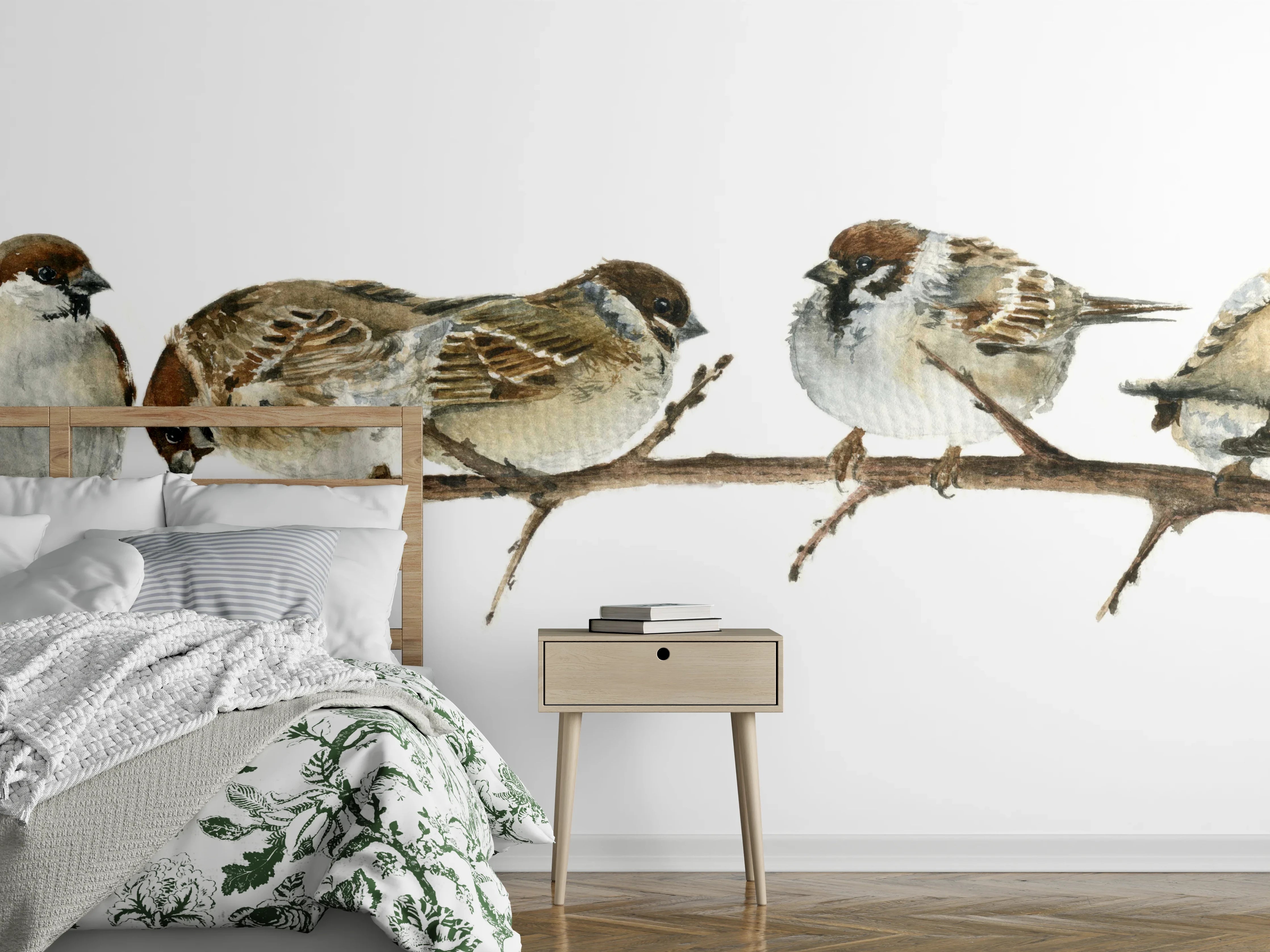 Wandverkleidung Schlafzimmer - Spatzen auf einem Zweig