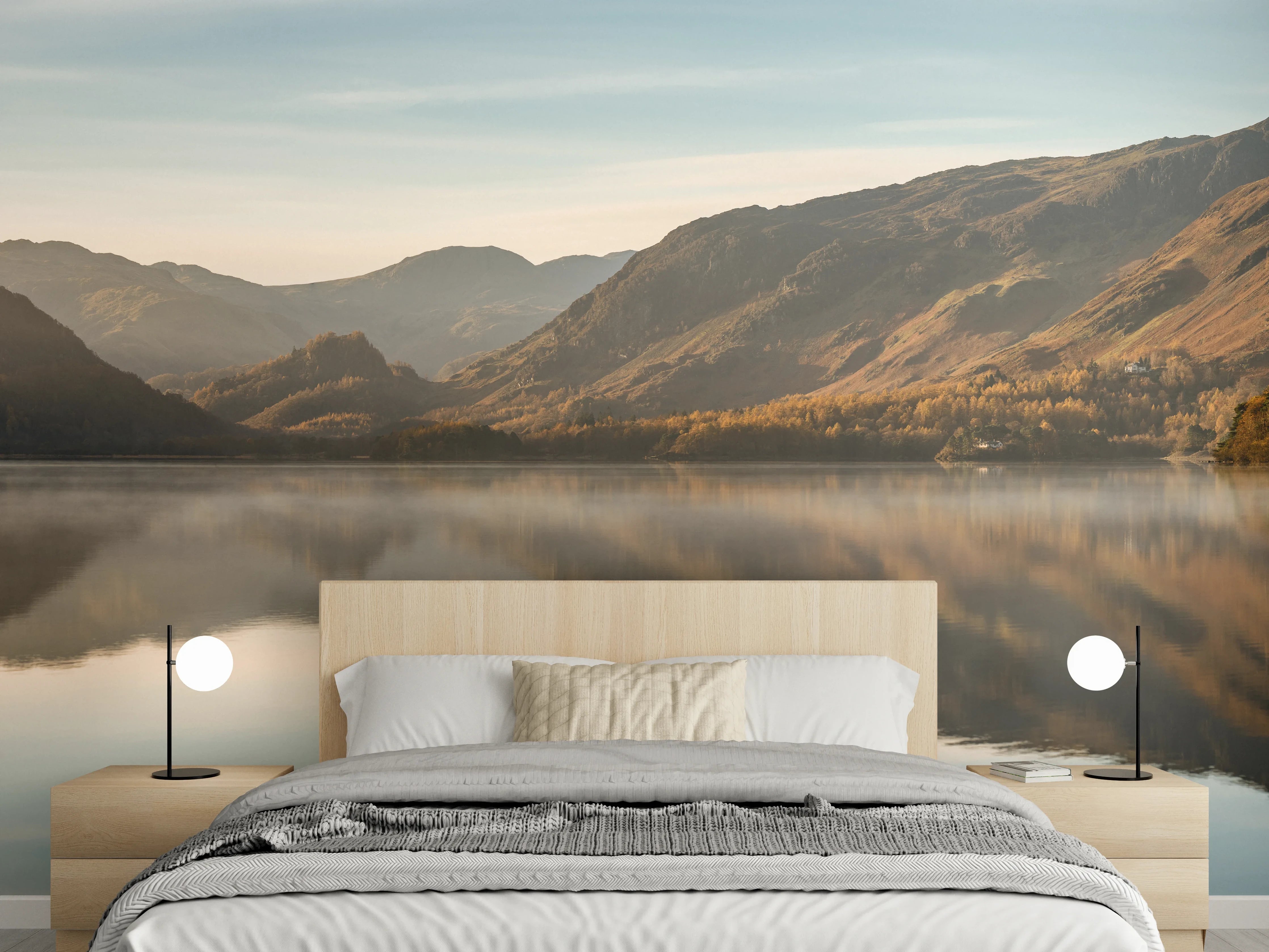 Wandverkleidung Schlafzimmer - Spiegelnde Sonnenaufgangs-Landschaft am See