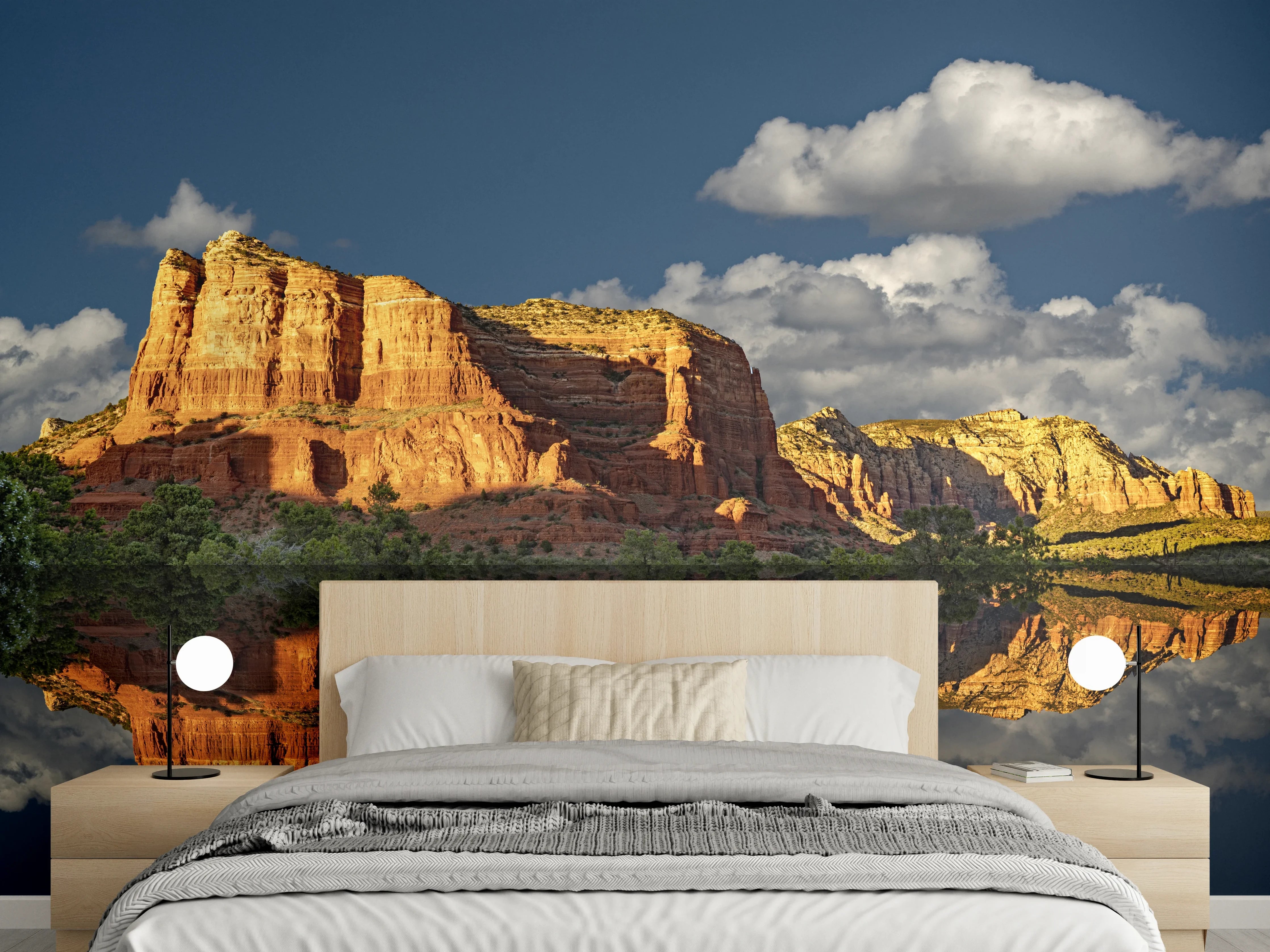 Wandverkleidung Schlafzimmer - Spiegelung roter Felsen am See